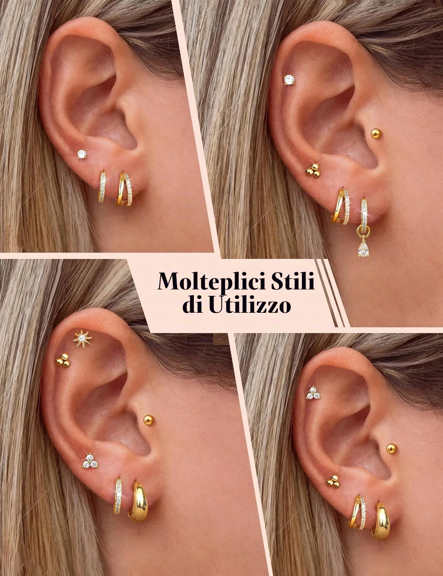 Milacolato Set 10 Paia Orecchini in Acciaio Chirurgico Oro e Argento per Helix, Trago e Piercing Multipli - AG - immagine 4