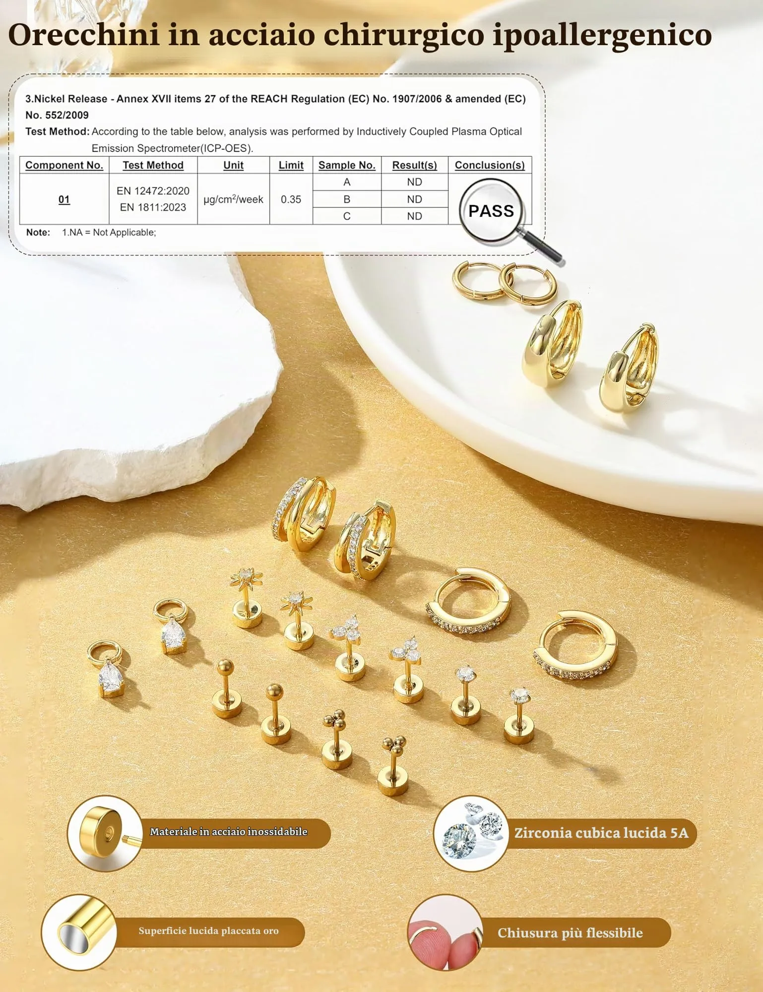 Milacolato Set 10 Paia Orecchini in Acciaio Chirurgico Oro e Argento per Helix, Trago e Piercing Multipli - AG - immagine 5
