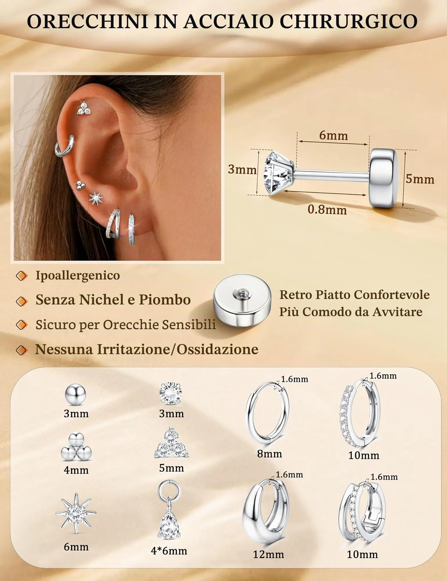 Milacolato Set 10 Paia Orecchini in Acciaio Chirurgico 316L Oro e Argento per Helix Trago e Piercing Multipli - immagine 2
