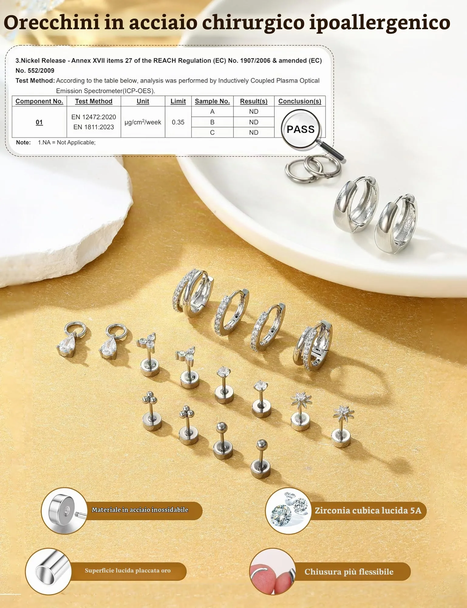 Milacolato Set 10 Paia Orecchini in Acciaio Chirurgico 316L Oro e Argento per Helix Trago e Piercing Multipli - immagine 5