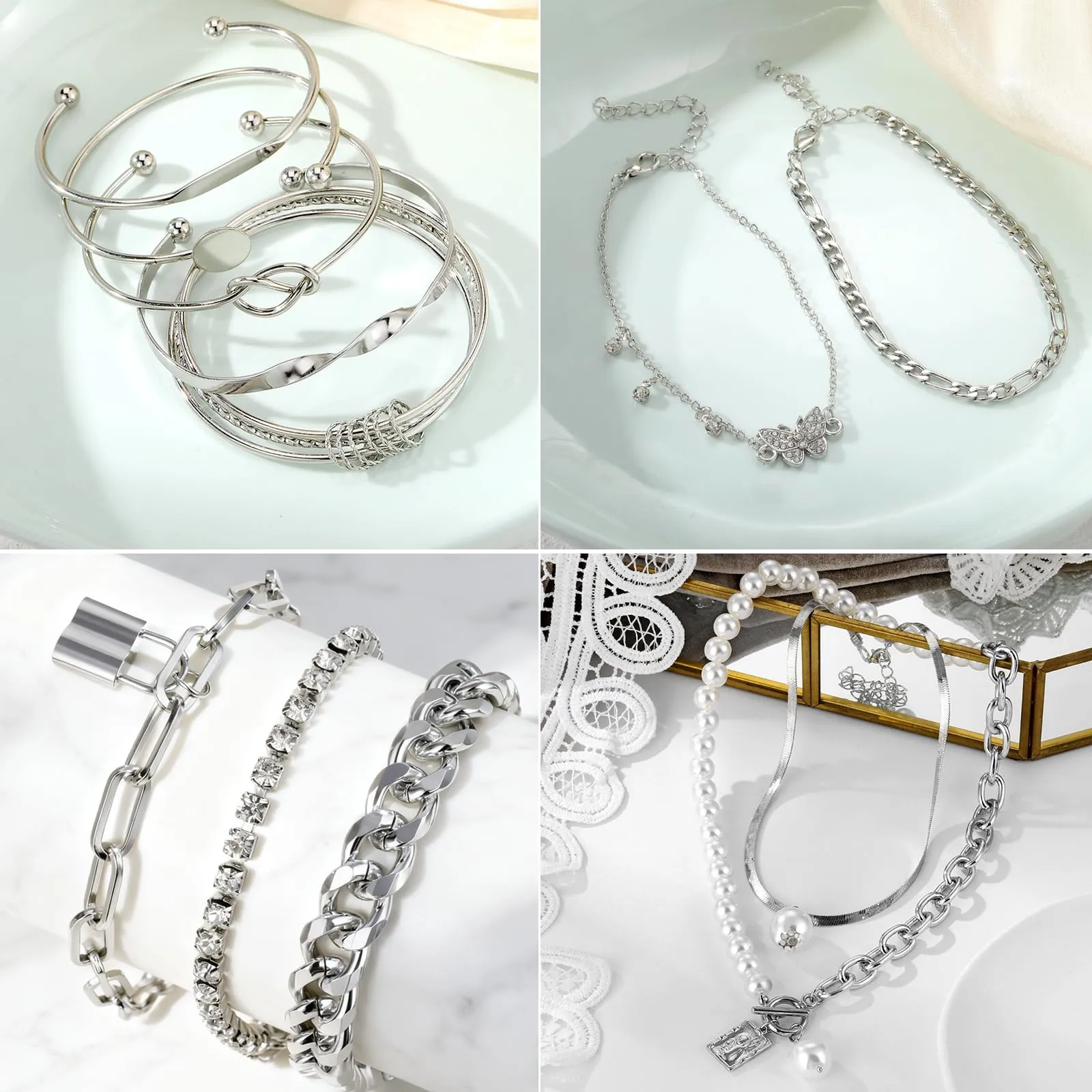JSTHHTT Set di Gioielli per Donna 45 Pezzi, Argento - immagine 5