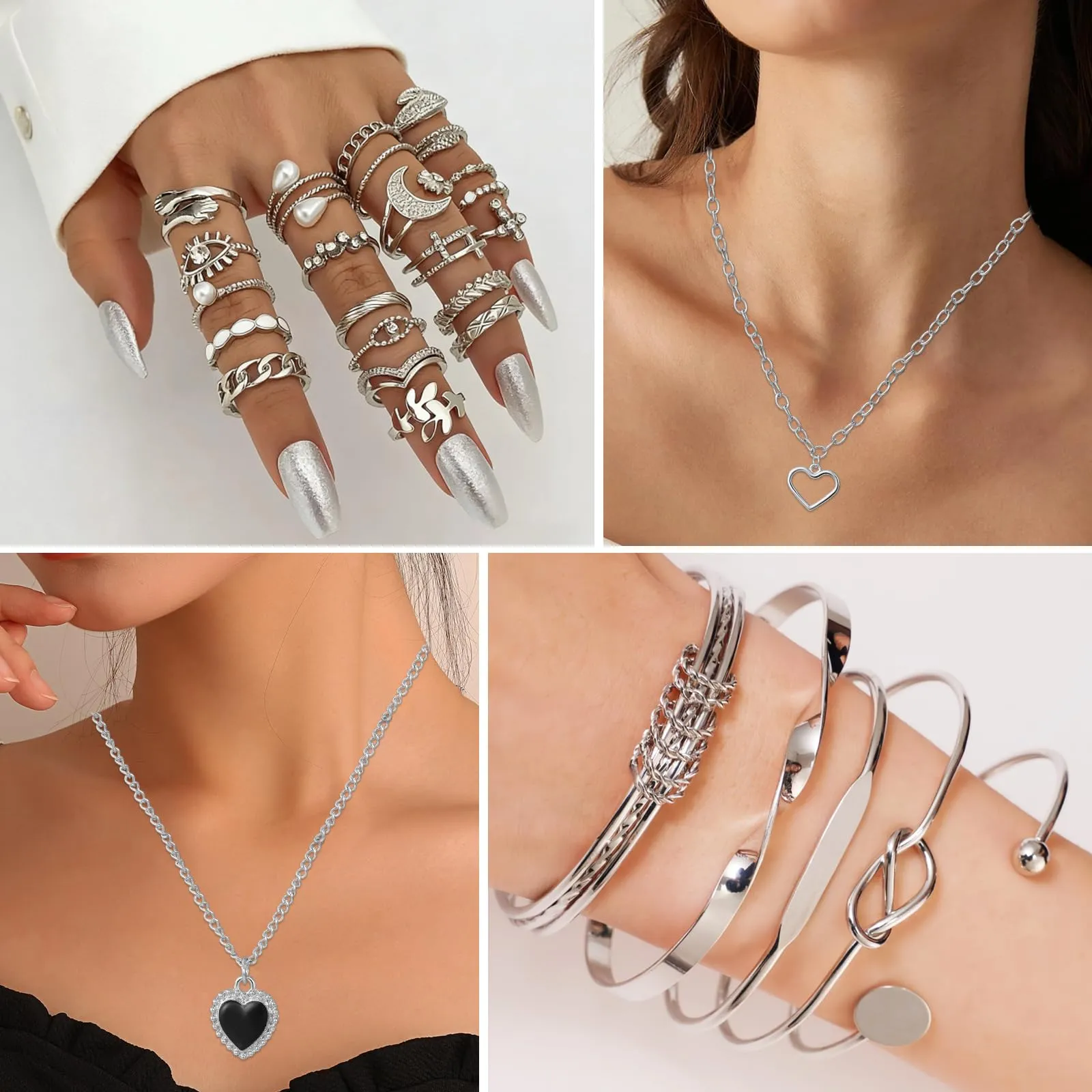 JSTHHTT Set di Gioielli per Donna 45 Pezzi, Argento - immagine 6