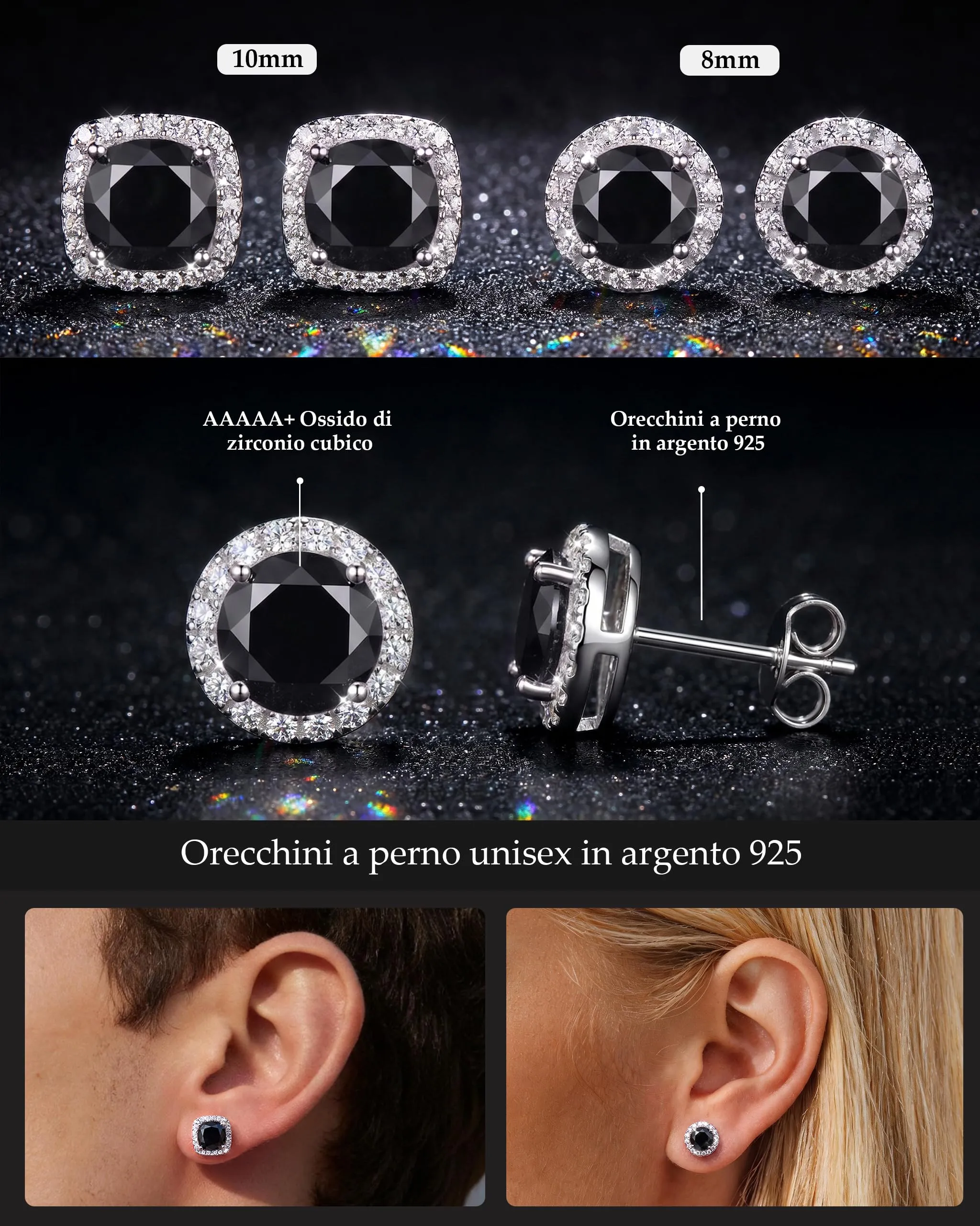 Ahokei 2 Paia di Orecchini in Argento 925 con Diamanti Neri, Unisex - immagine 2
