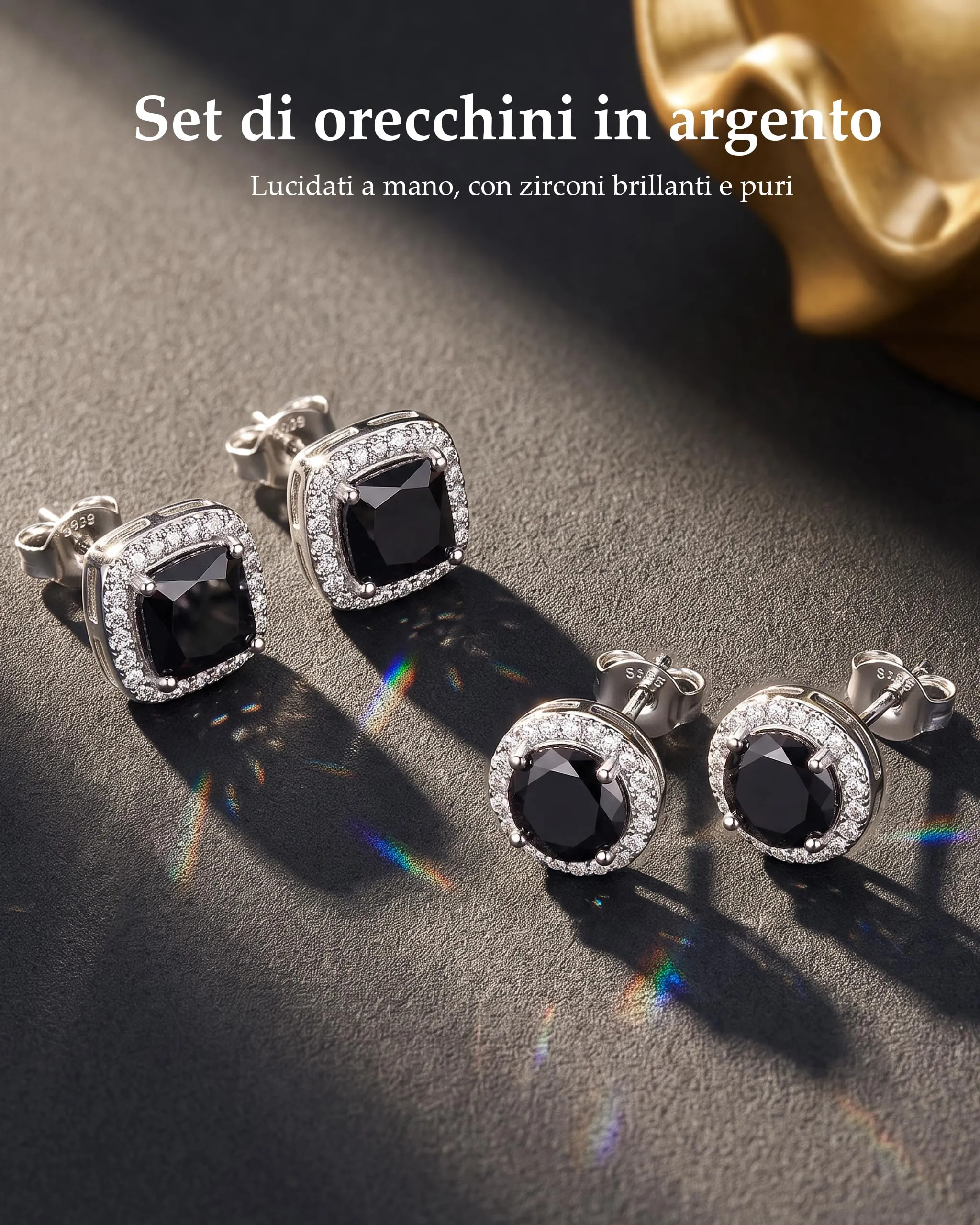 Ahokei 2 Paia di Orecchini in Argento 925 con Diamanti Neri, Unisex - immagine 4