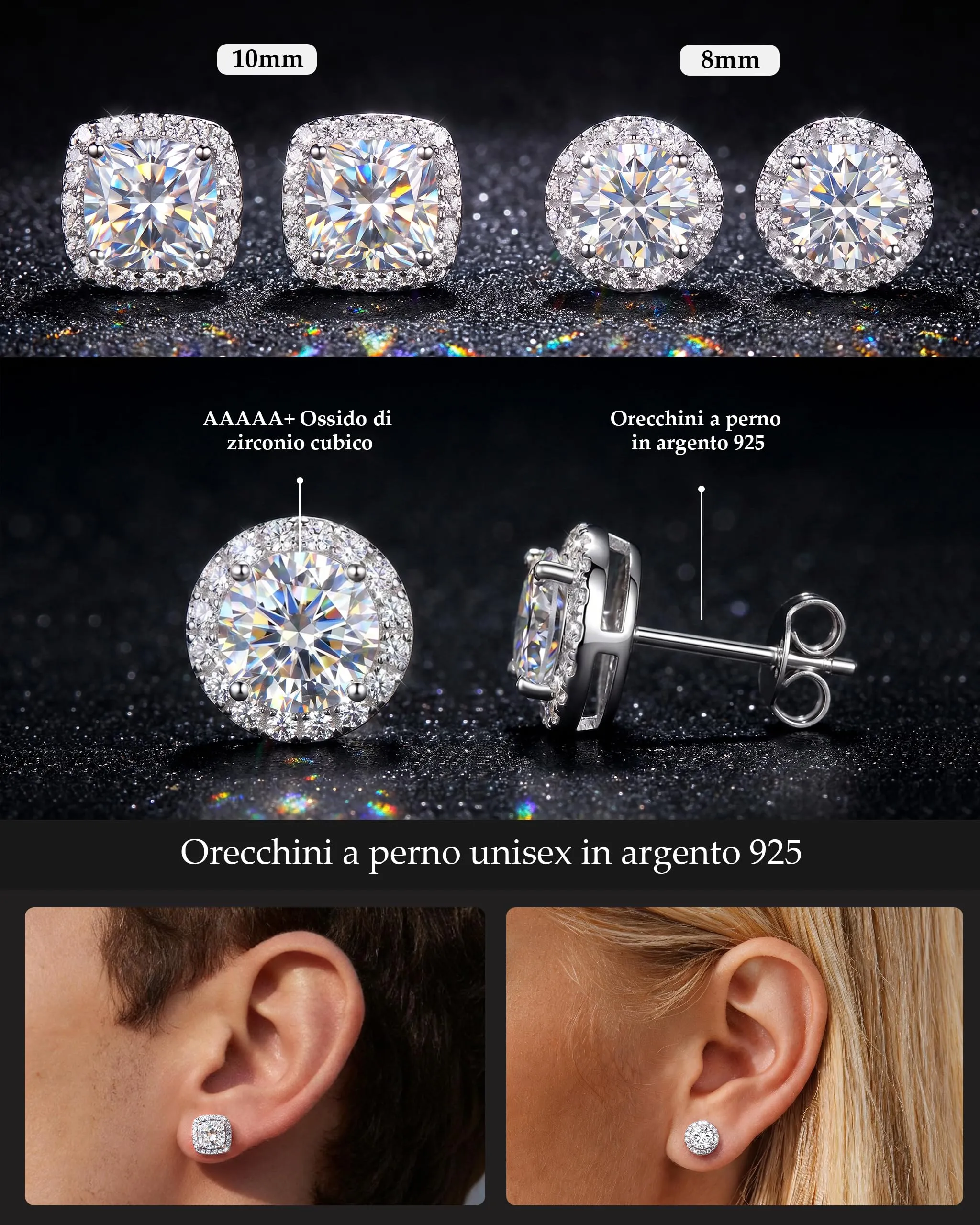 Ahokei Orecchini in Argento 925 con Zirconi, Set da 2 Paia per Uomo e Donna - immagine 2