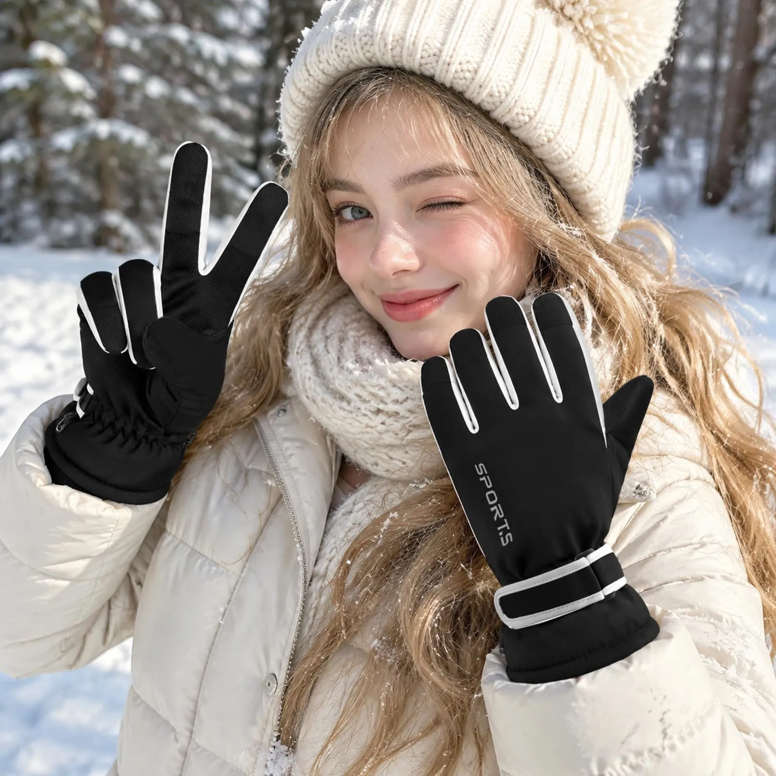 Andiker Guanti da sci invernali da donna, impermeabili, touchscreen, antiscivolo (Bianco e Nero, Taglia unica) - immagine 2