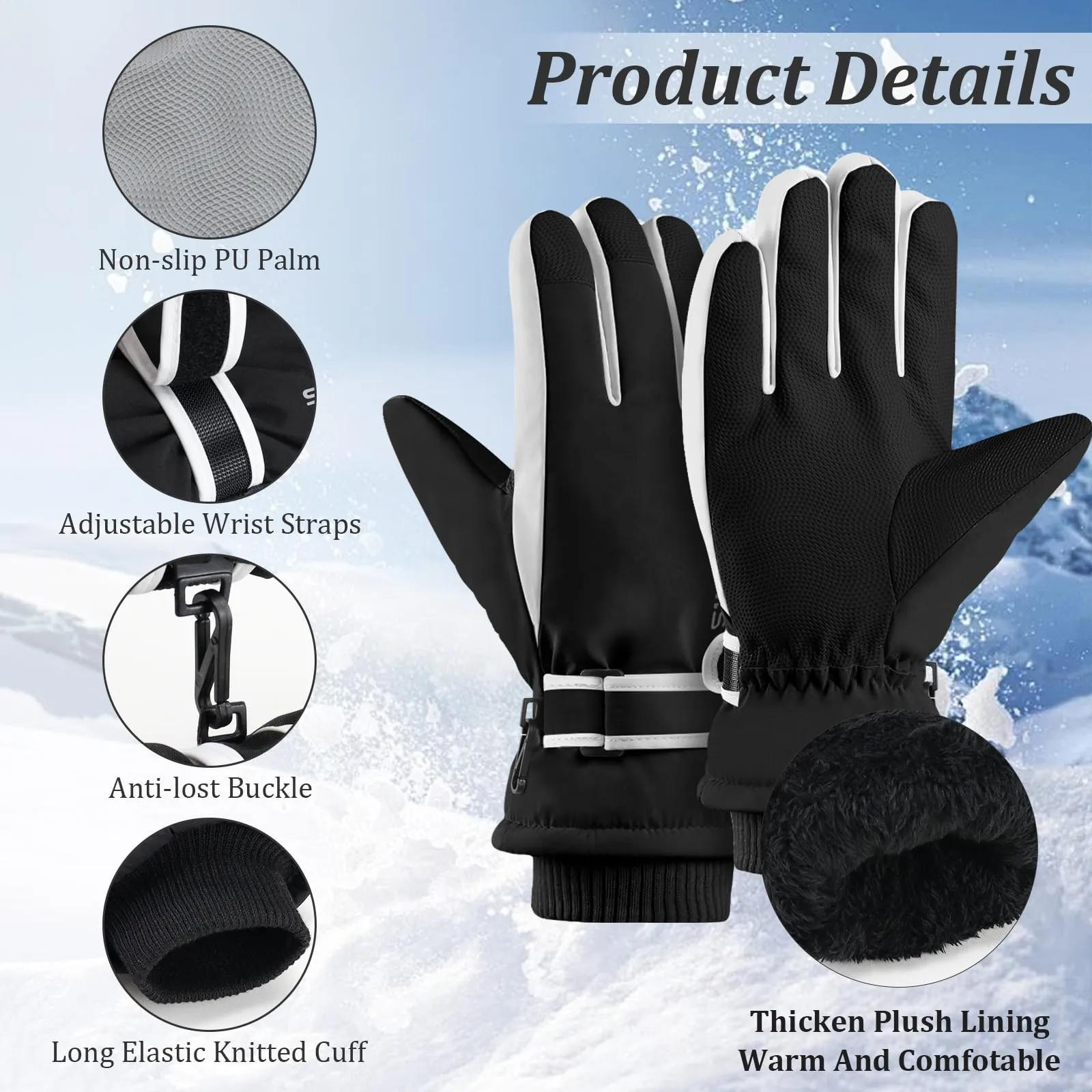 Andiker Guanti da sci invernali da donna, impermeabili, touchscreen, antiscivolo (Bianco e Nero, Taglia unica) - immagine 4