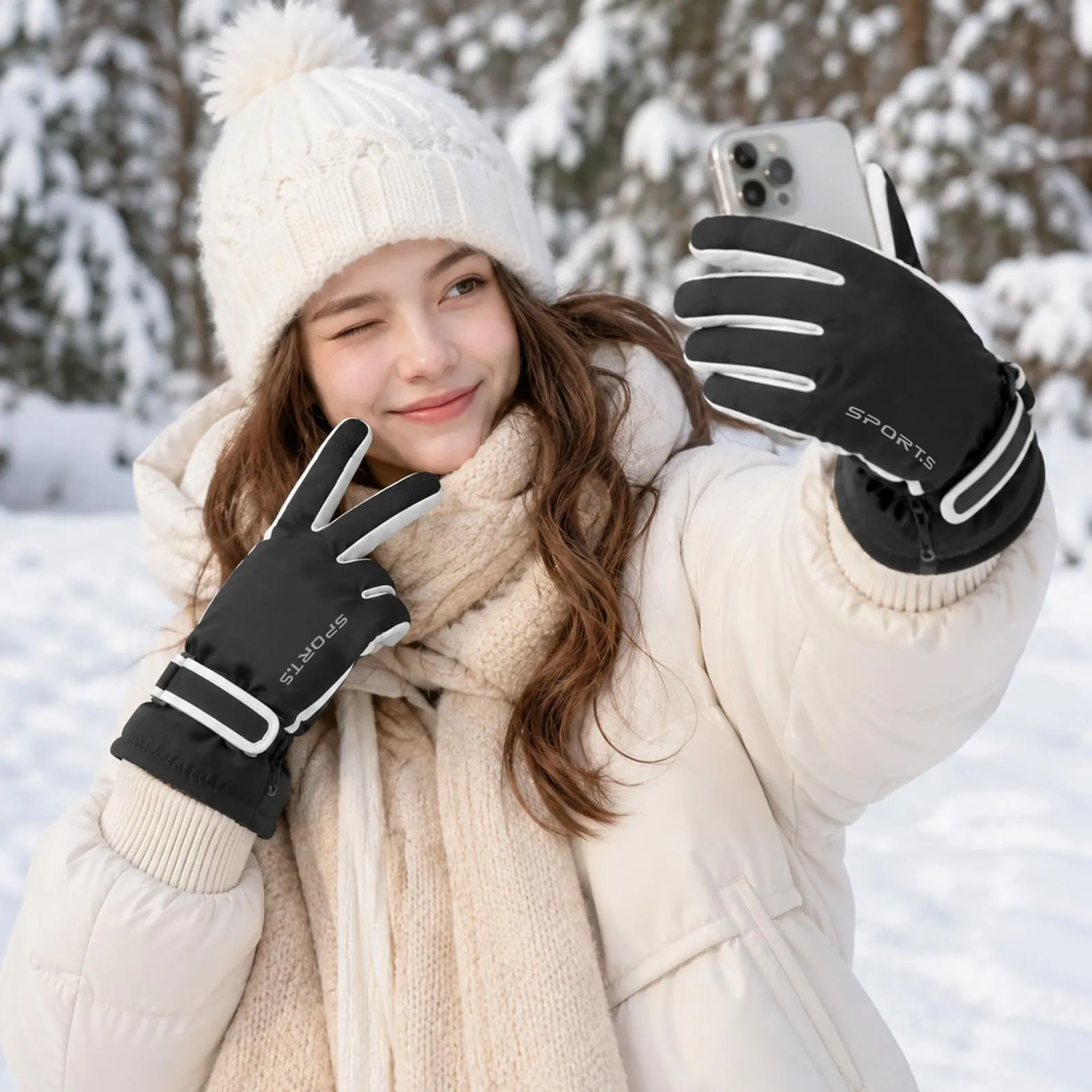 Andiker Guanti da sci invernali da donna, impermeabili, touchscreen, antiscivolo (Bianco e Nero, Taglia unica) - immagine 7