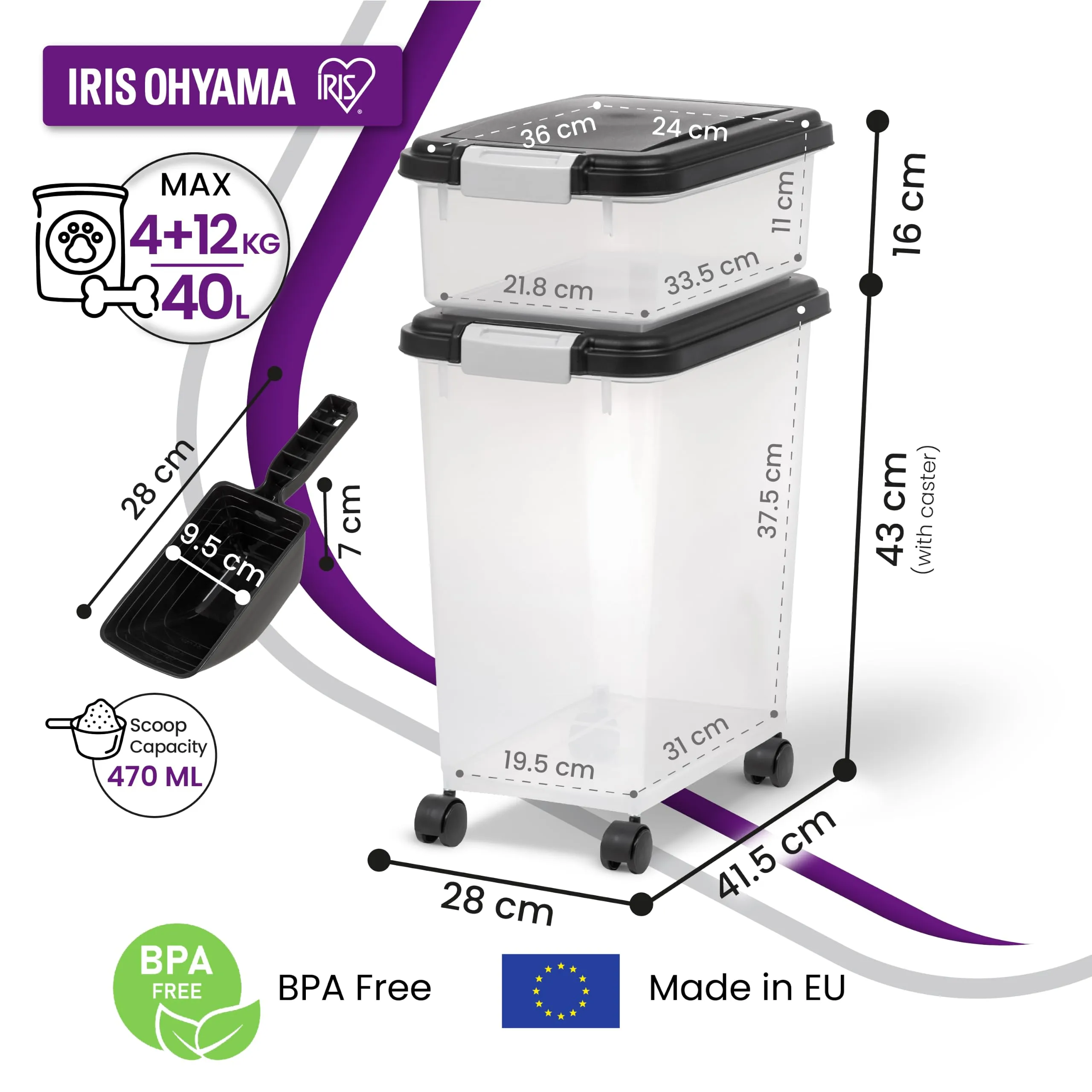 Iris Ohyama Contenitore per Crocchette Ermetico MP-8 & MP-1, 35L, Nero - immagine 2