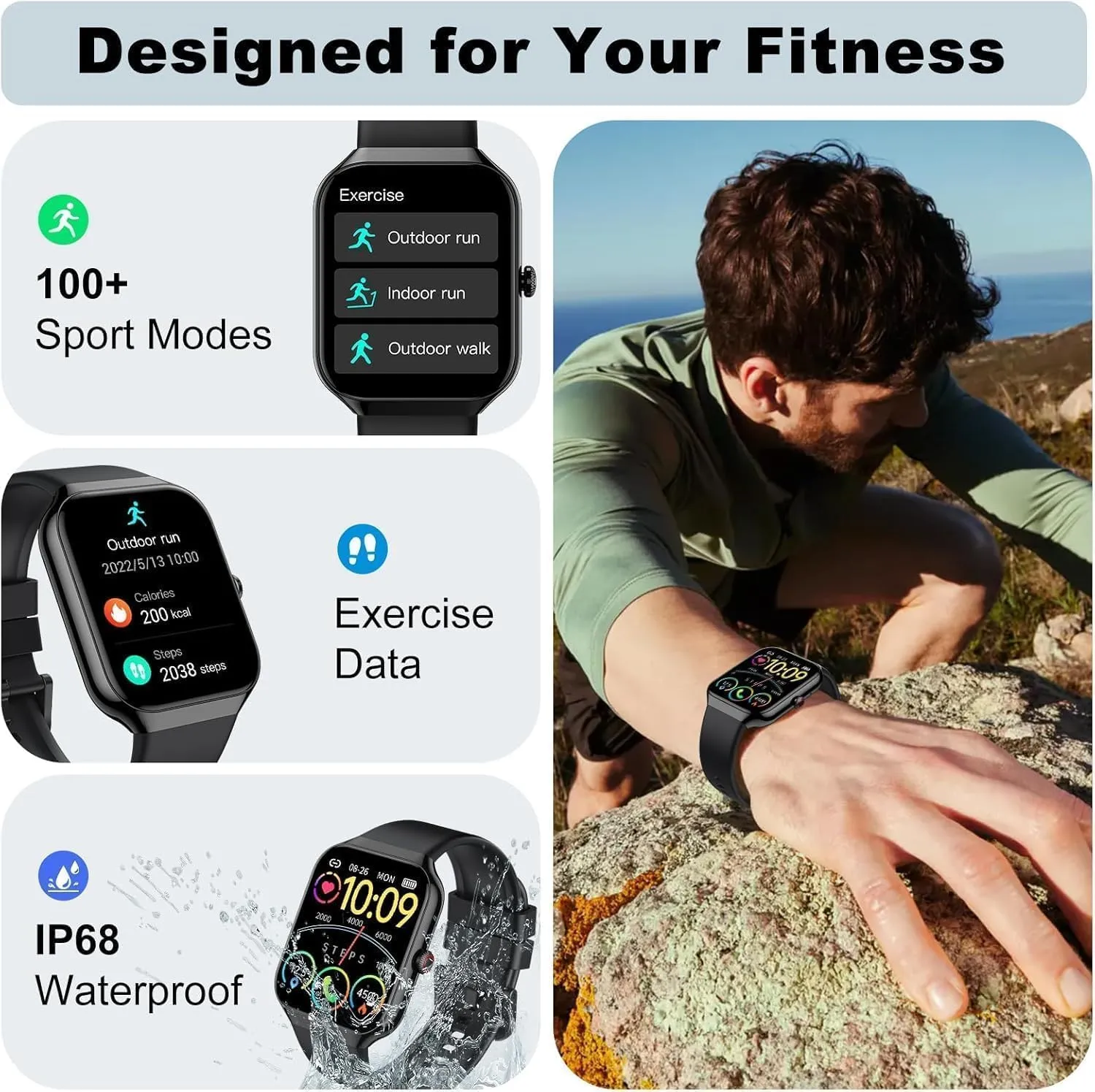 Matast Smartwatch 1.91" per Uomo e Donna, Chiamate Bluetooth, 100+ Modalità Sportive, Fitness Tracker, Cardiofrequenzimetro, Sonno, IP68 per Android e iOS - immagine 4
