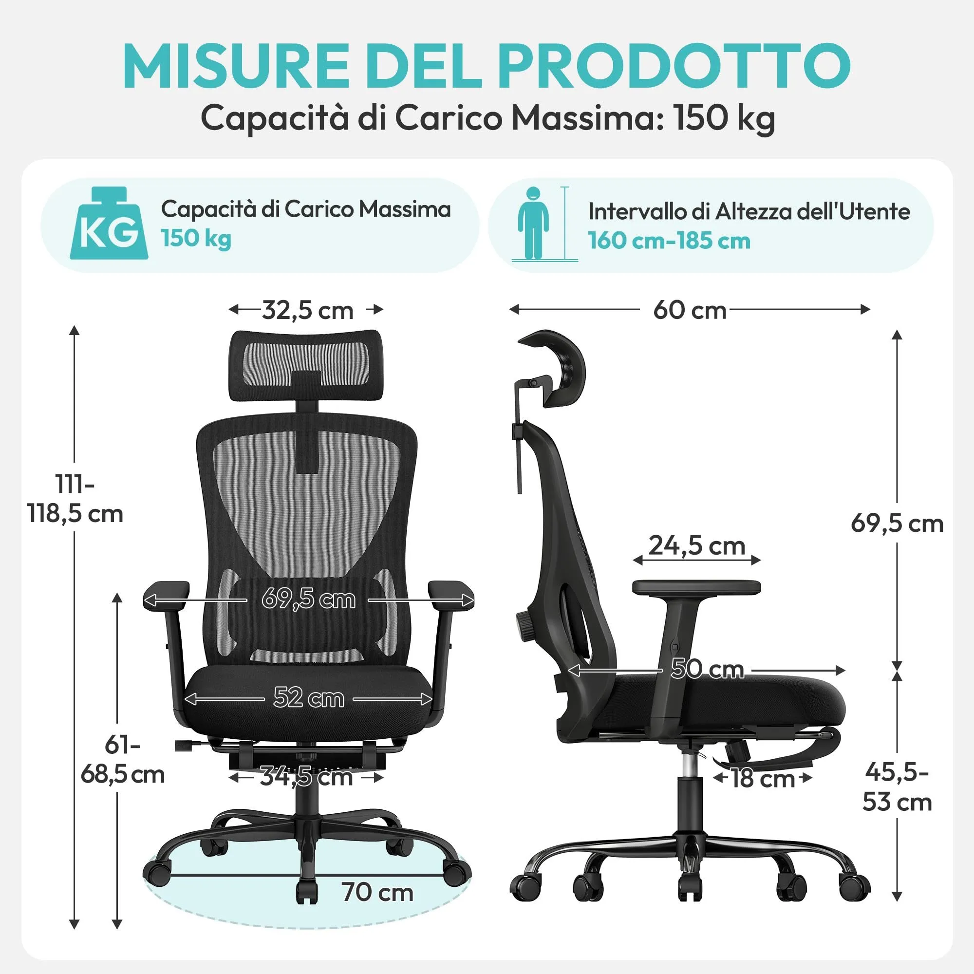 Yaheetech Sedia Ufficio Ergonomica con Poggiapiedi, Nera - immagine 3