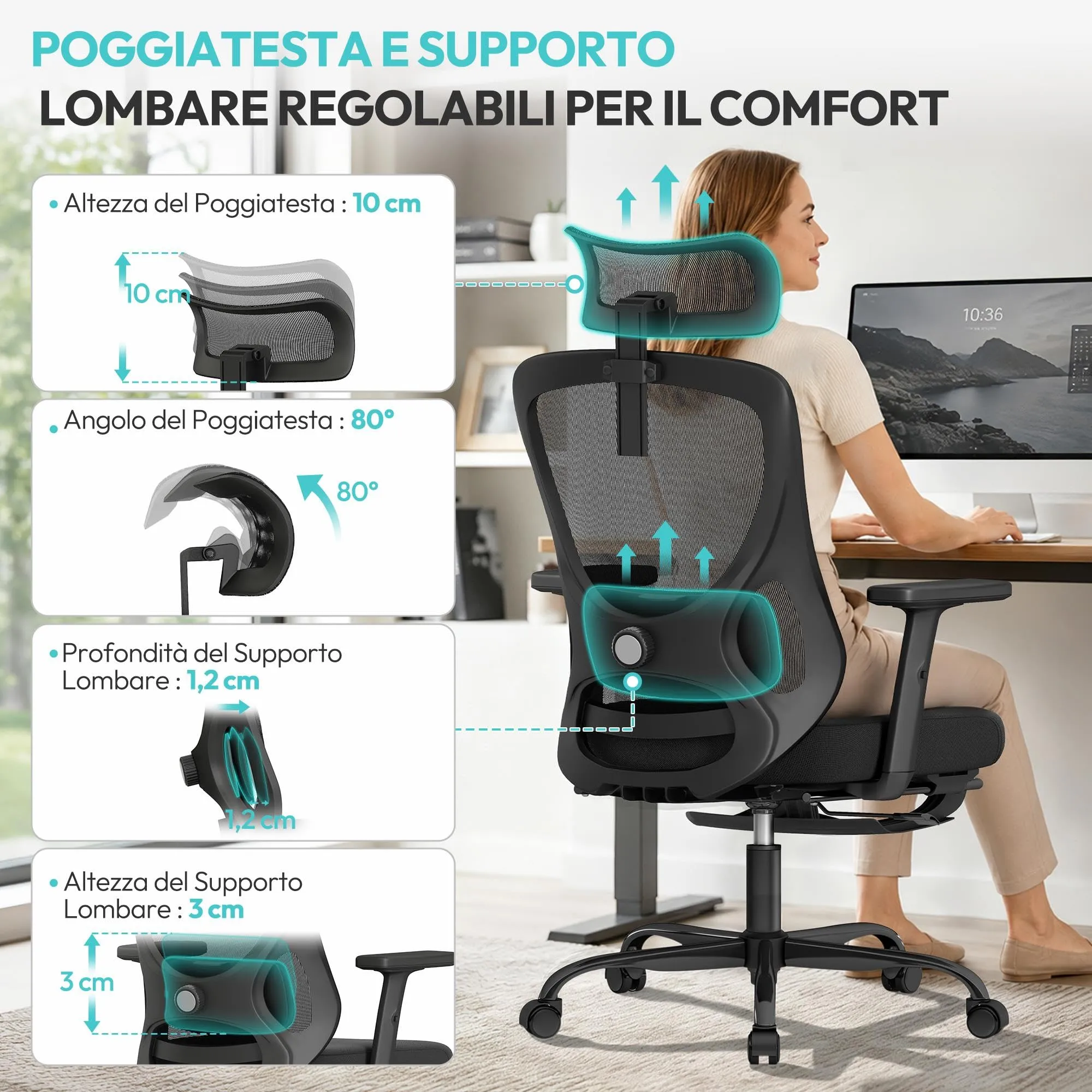 Yaheetech Sedia Ufficio Ergonomica con Poggiapiedi, Nera - immagine 4