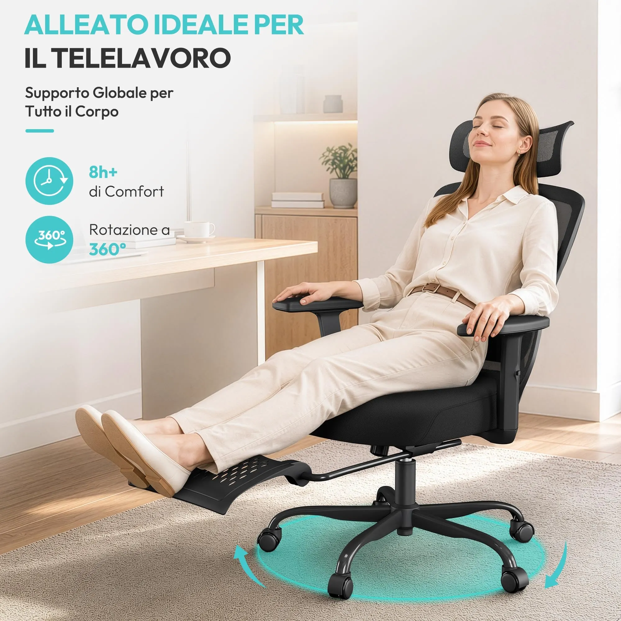 Yaheetech Sedia Ufficio Ergonomica con Poggiapiedi, Nera - immagine 5