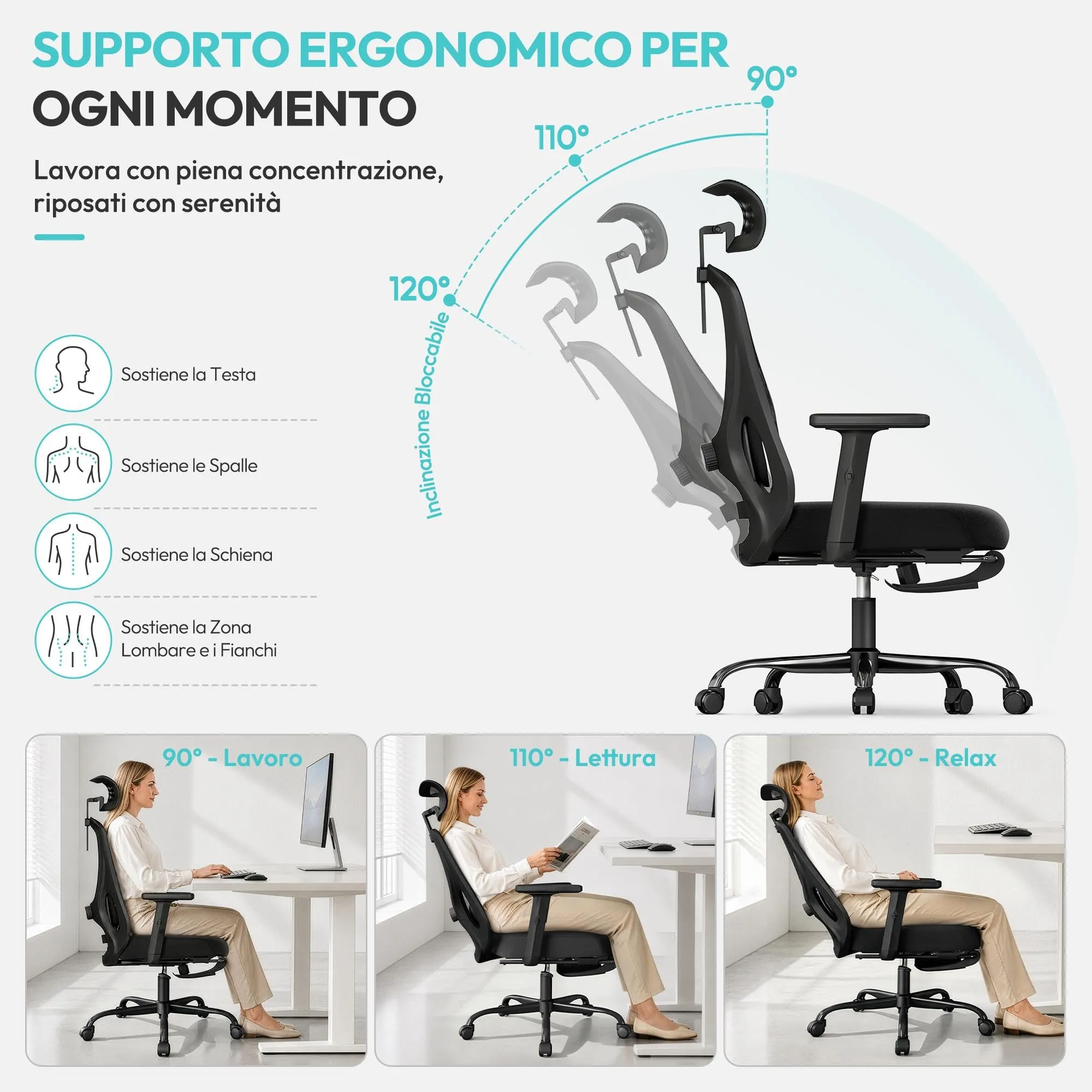 Yaheetech Sedia Ufficio Ergonomica con Poggiapiedi, Nera - immagine 6