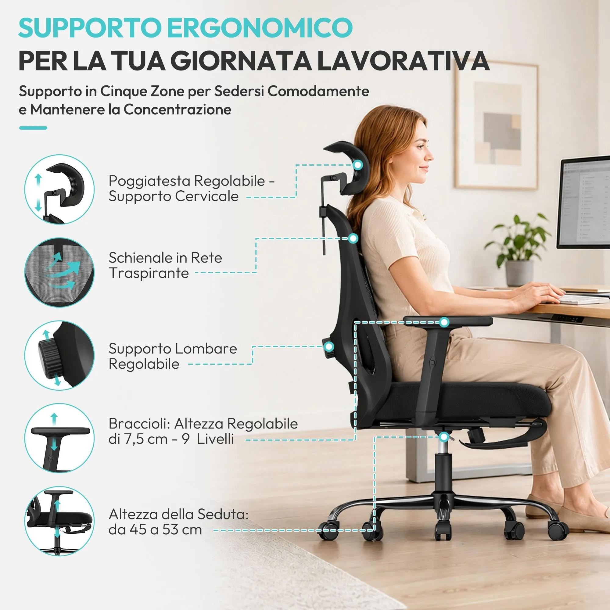 Yaheetech Sedia Ufficio Ergonomica con Poggiapiedi, Nera - immagine 8