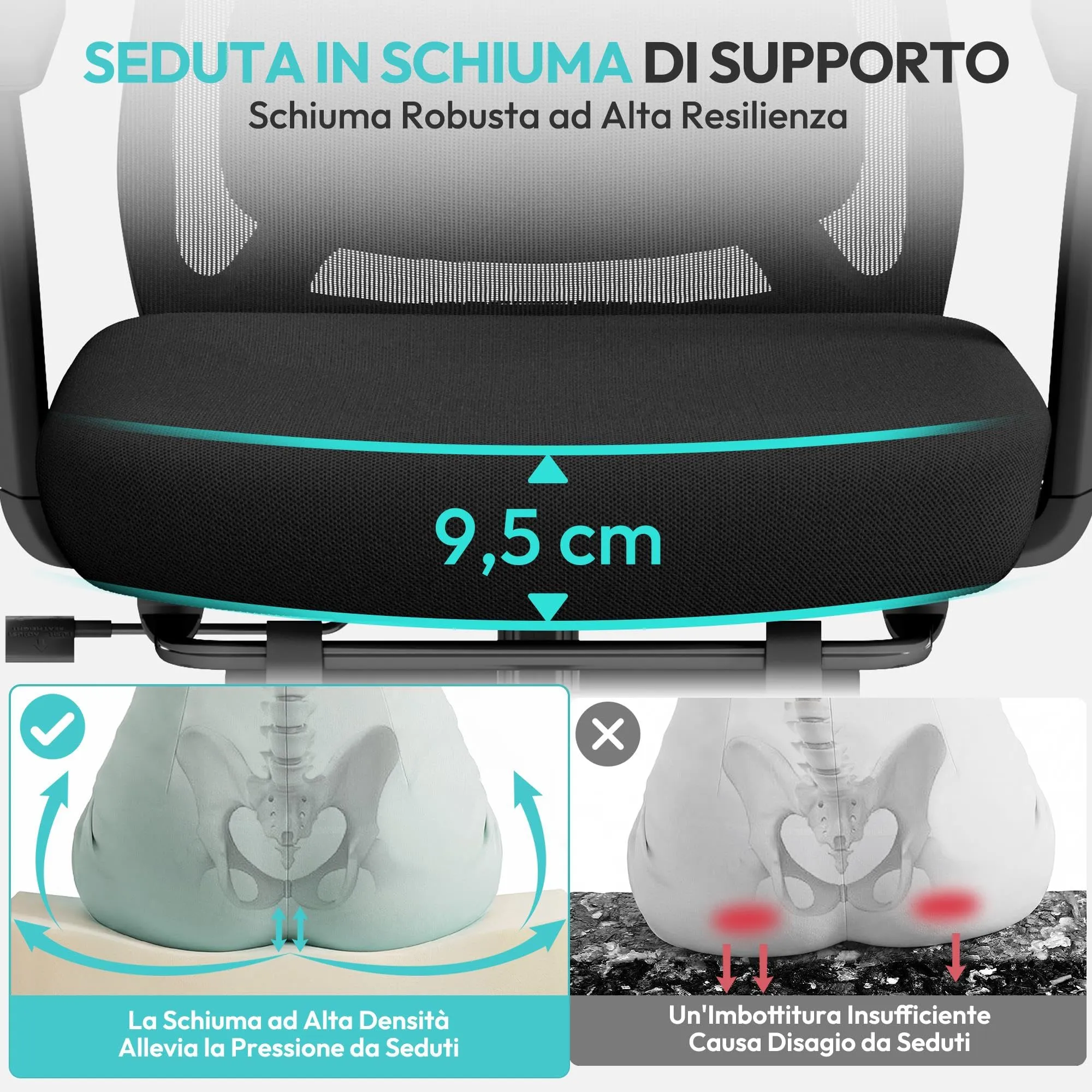 Yaheetech Sedia Ufficio Ergonomica con Poggiapiedi, Nera - immagine 9
