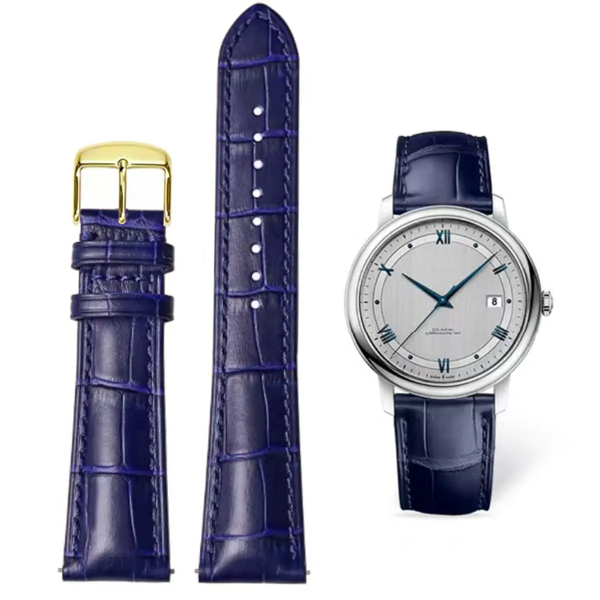 AIYIRUO Cinturino in Vera Pelle Coccodrillo 18mm Blu-oro - immagine 1