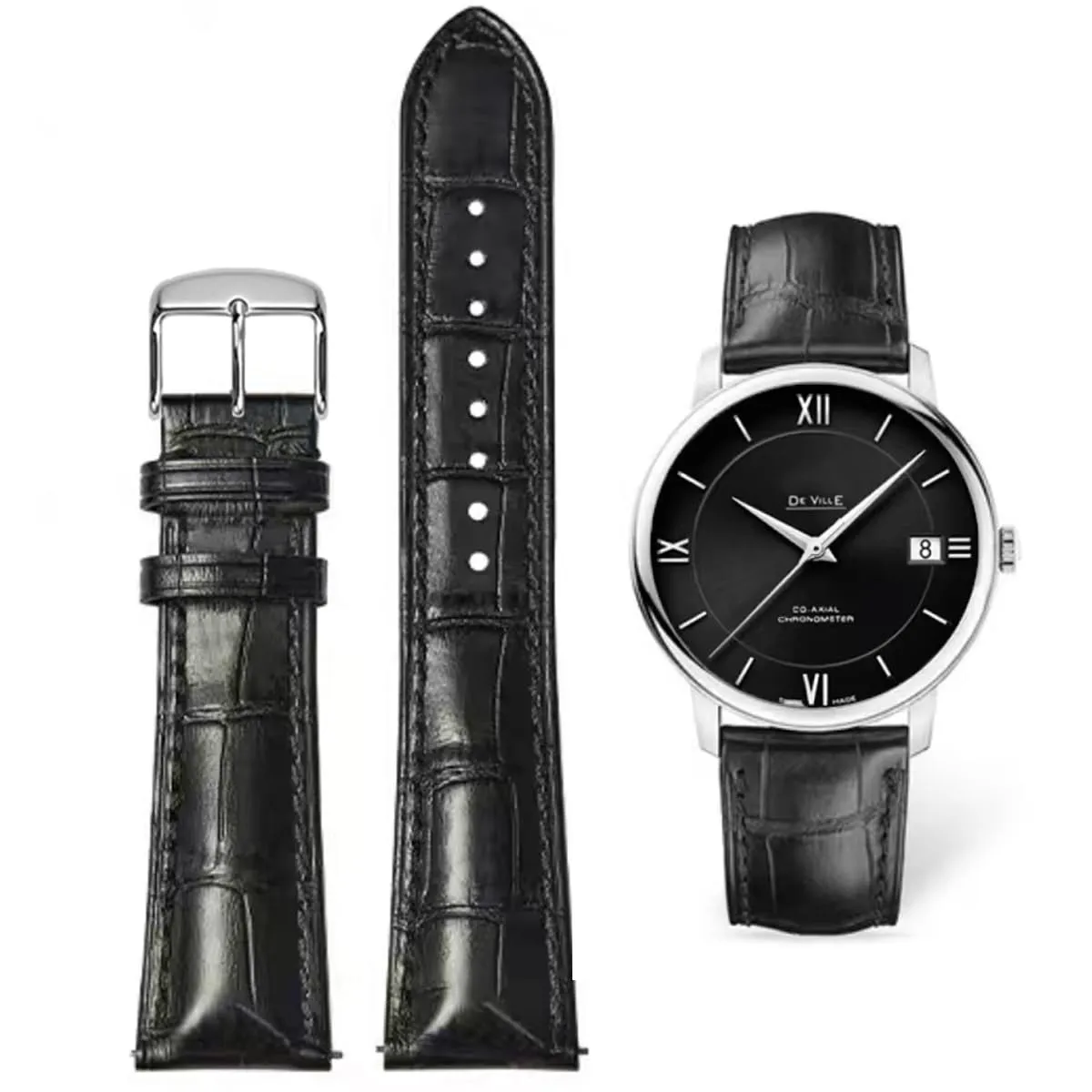AIYIRUO Cinturino Orologio in Vera Pelle Modello Coccodrillo 24mm Nero-Argento - immagine 1