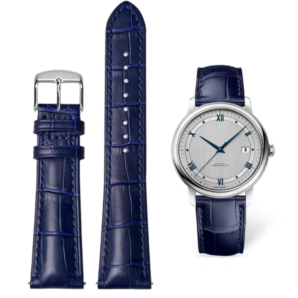 AIYIRUO Cinturino in Pelle Modello Coccodrillo con Fibbia in Acciaio Inossidabile, 22mm, Blu-argento - immagine 1