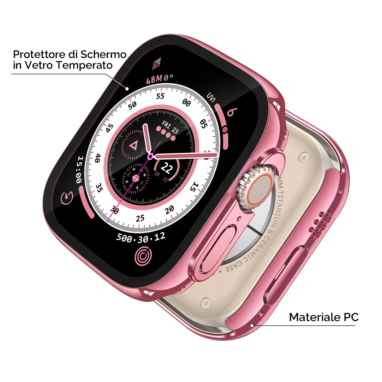 Misxi Cover in PC con Vetro Temperato per Apple Watch Ultra 1/2/3/4 49mm, 1 Rose Pink + 1 Trasparente - immagine 4