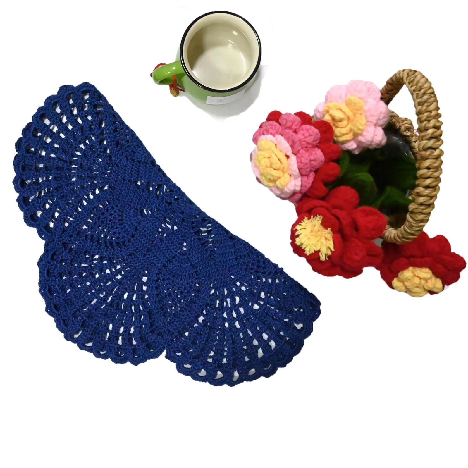 BOMHCS Tovagliette in pizzo all'uncinetto fatte a mano, centrini rotondi a 6 petali motivo floreale, 39,4 cm - 44,5 cm, Blu intenso - immagine 2