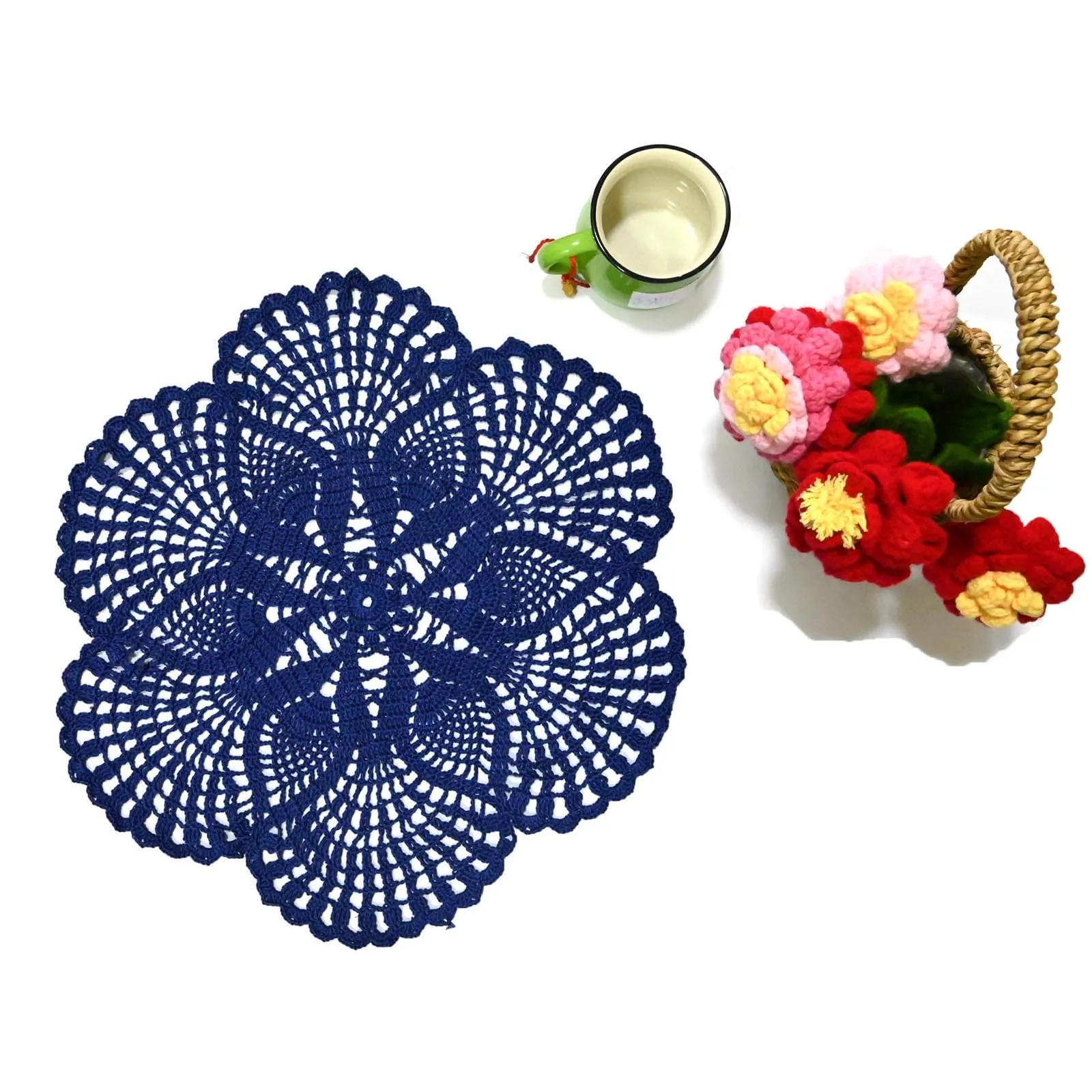 BOMHCS Tovagliette in pizzo all'uncinetto fatte a mano, centrini rotondi a 6 petali motivo floreale, 39,4 cm - 44,5 cm, Blu intenso - immagine 6