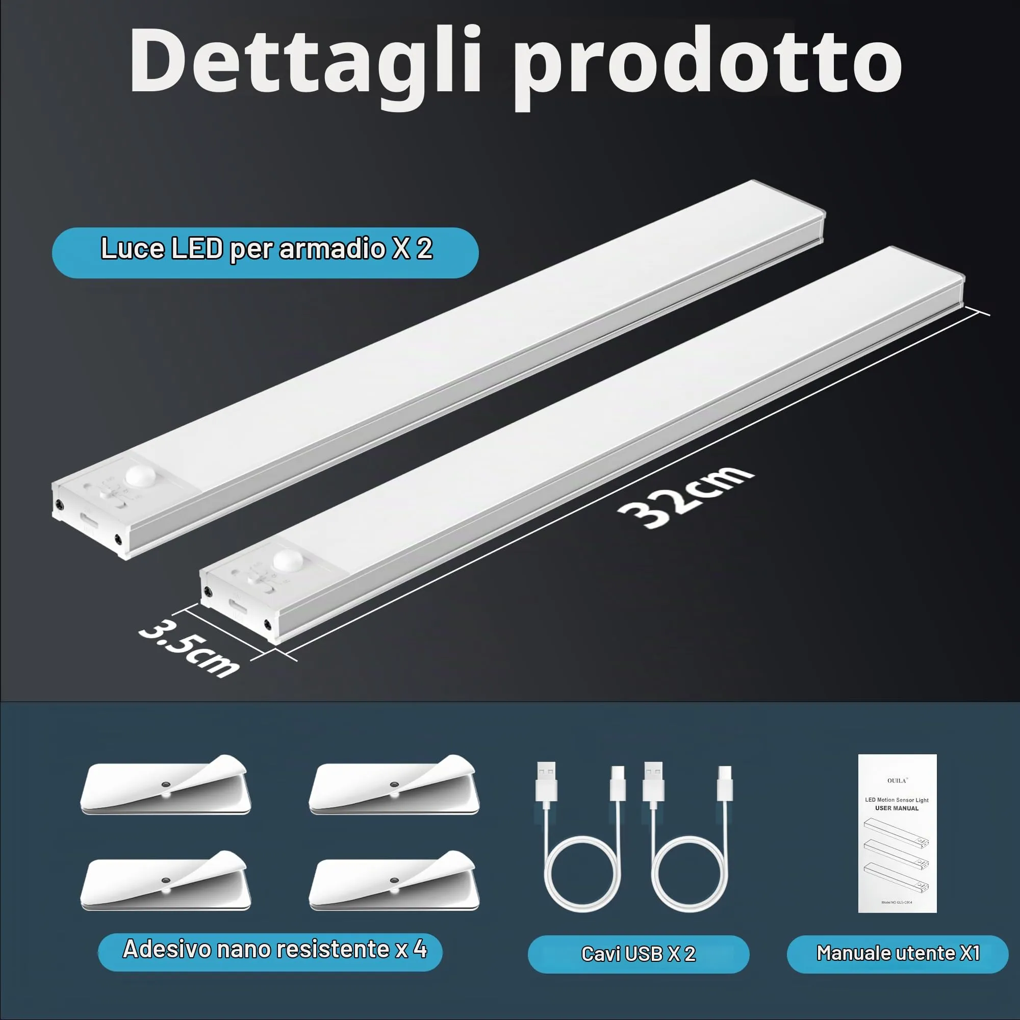 OUILA Striscia LED per armadio 32 cm con sensore di movimento, 2 pezzi, GLS-C004 - immagine 7