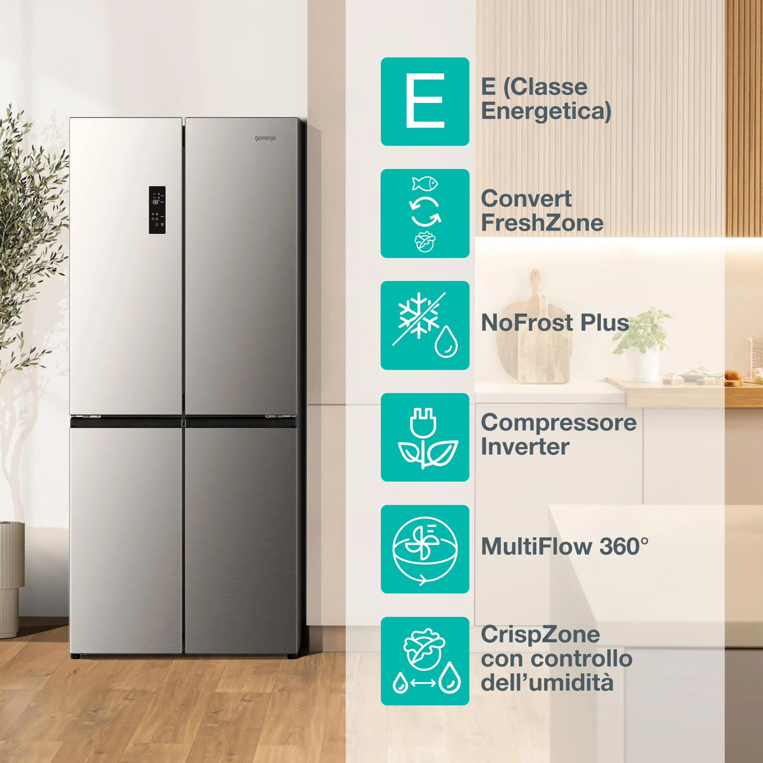 Gorenje NRM819E61X Frigorifero Quattro Porte Grigio, 460 Litri, Classe E, Inverter, Total No Frost, MultiFlow 360°, Display LED - immagine 3