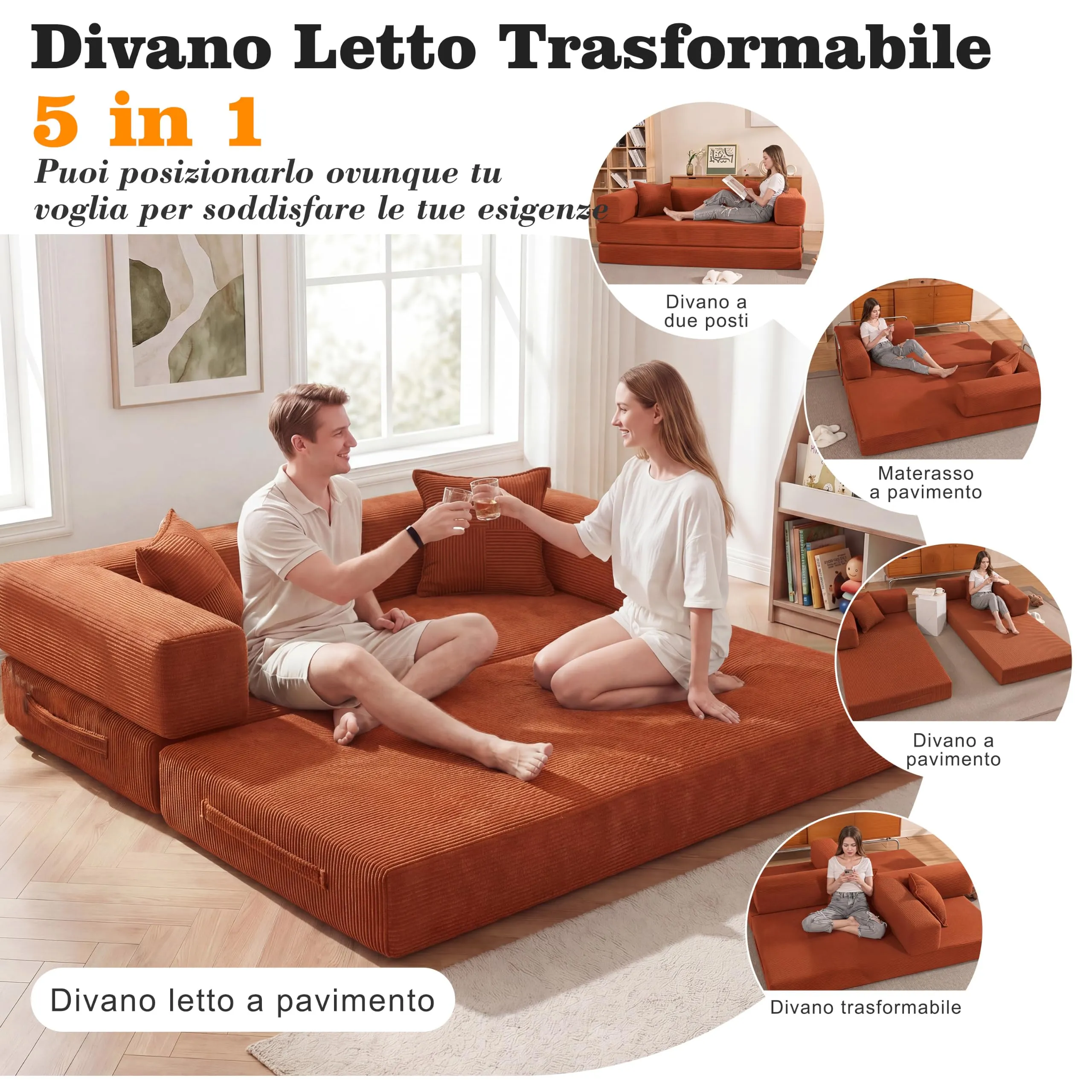 Vipbear Divano a terra convertibile 5-in-1 200×100×70 cm, divano-letto in velluto a coste, schiuma ad alta densità, Arancione - immagine 3