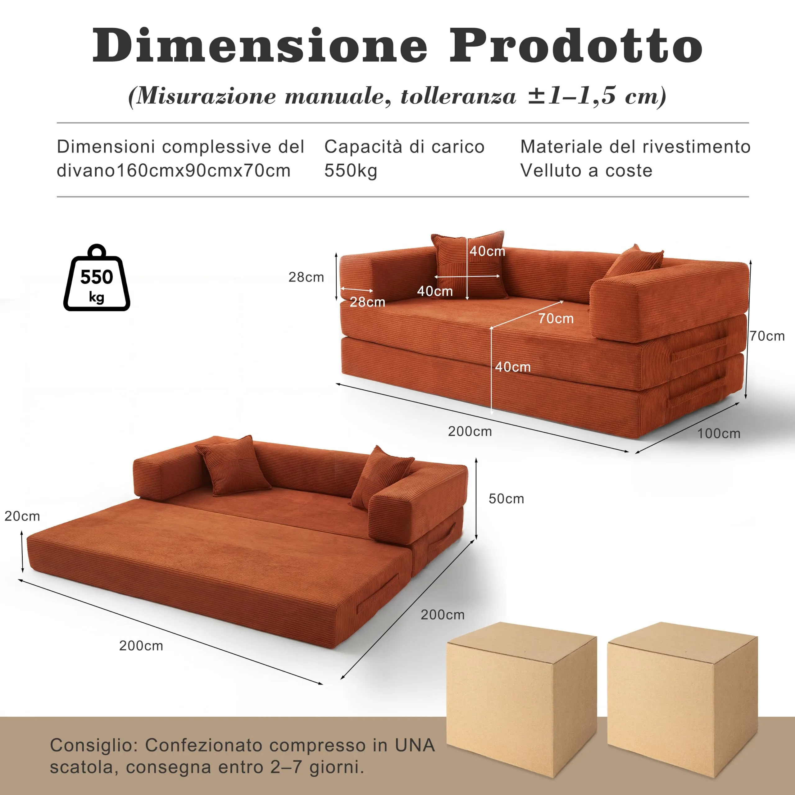 Vipbear Divano a terra convertibile 5-in-1 200×100×70 cm, divano-letto in velluto a coste, schiuma ad alta densità, Arancione - immagine 7