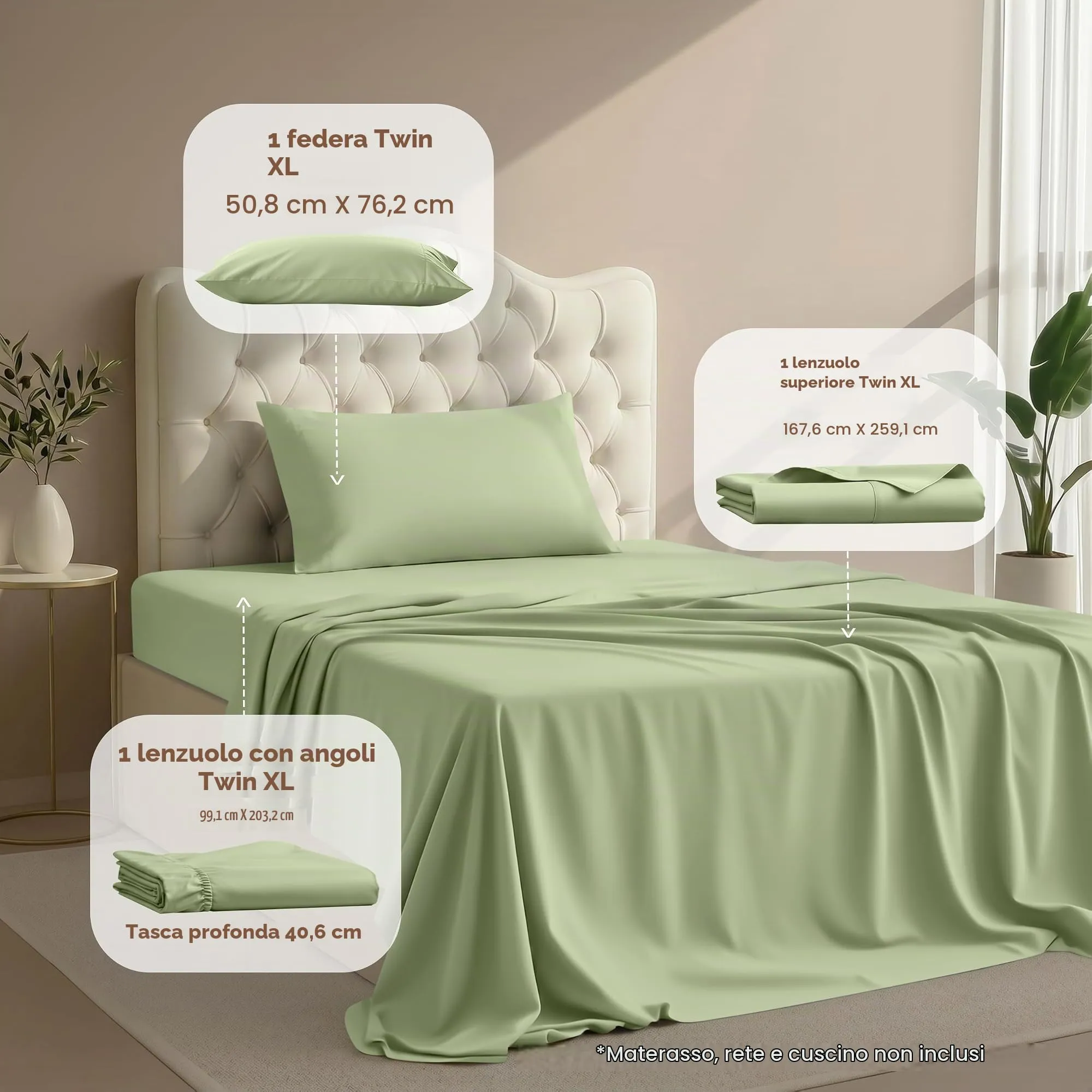 Utopia Bedding Set di lenzuola per letto singolo XL, 3 pezzi, Verde Salvia - immagine 2