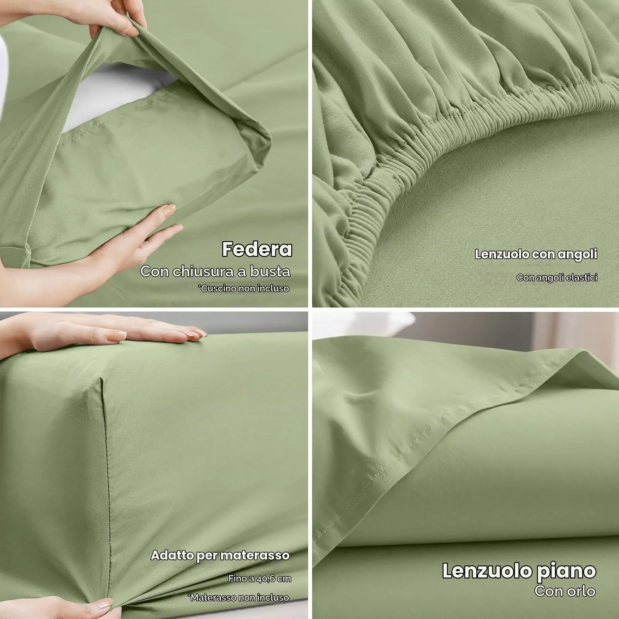 Utopia Bedding Set di lenzuola per letto singolo XL, 3 pezzi, Verde Salvia - immagine 3