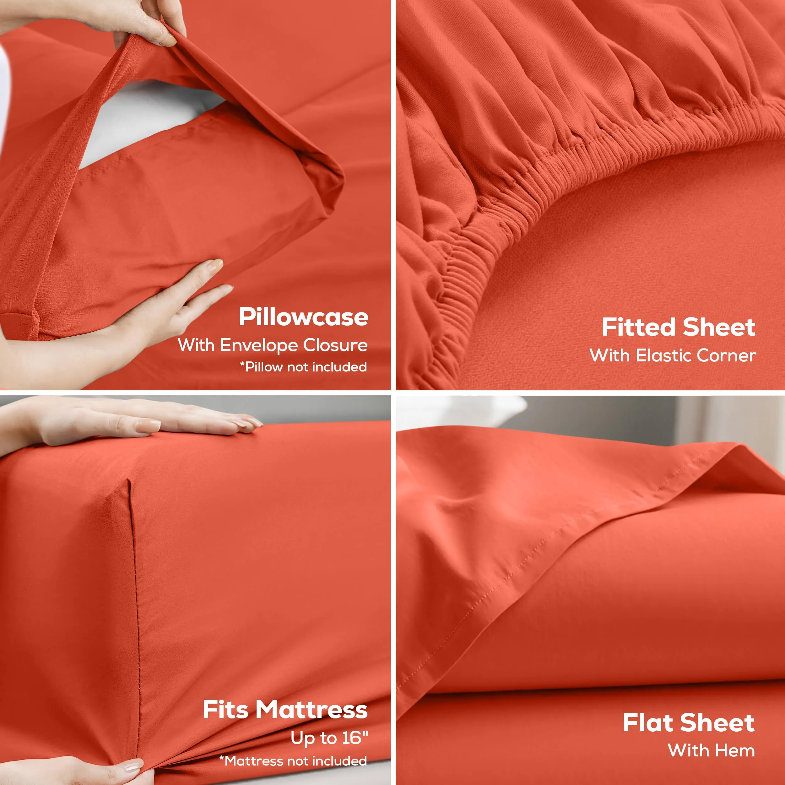 Utopia Bedding Set di lenzuola in microfibra per letto matrimoniale, 4 pezzi, Corallo - immagine 3