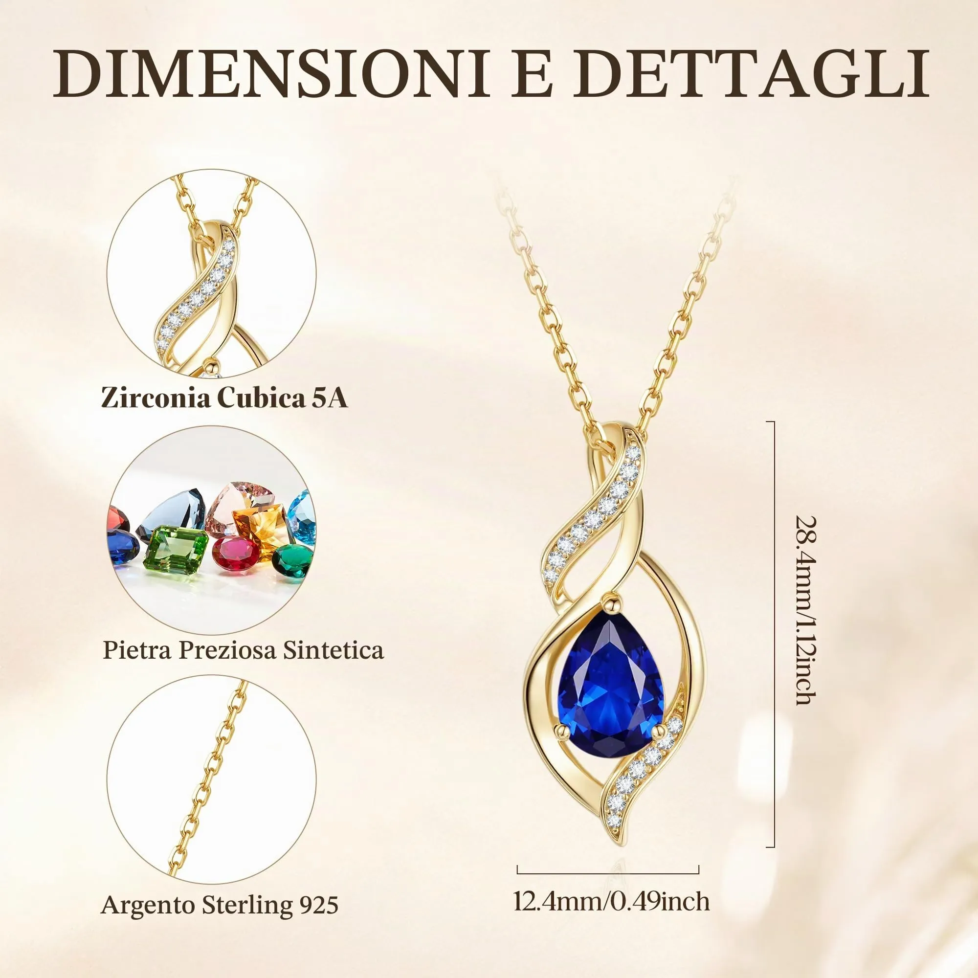 FANCIME Zaffiro Collana Donna Argento 925 Placcato Oro Pietra Nascita - immagine 2