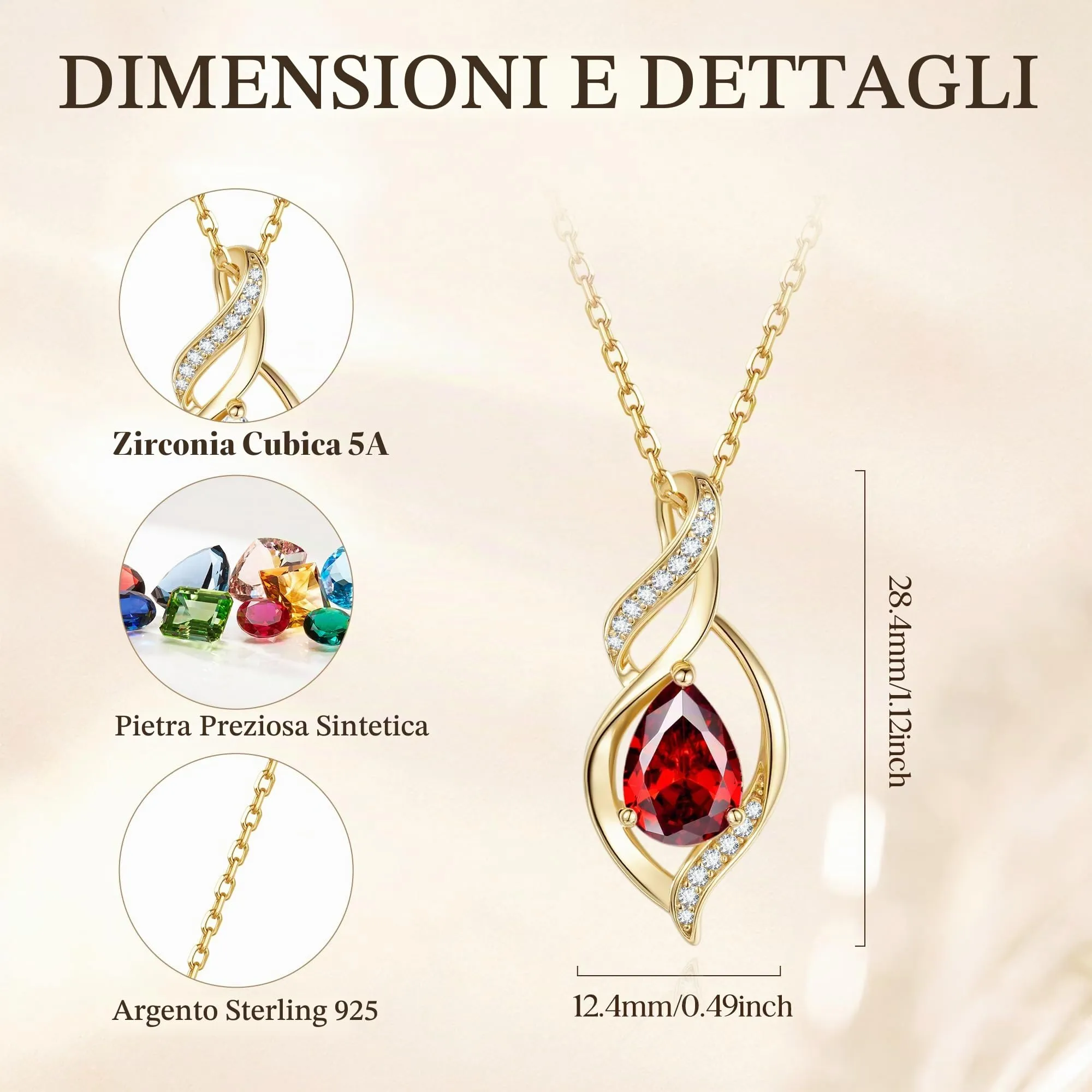 FANCIME Collana Donna in Argento 925 Placcato Oro con Pietra Nascita Rubino - immagine 2