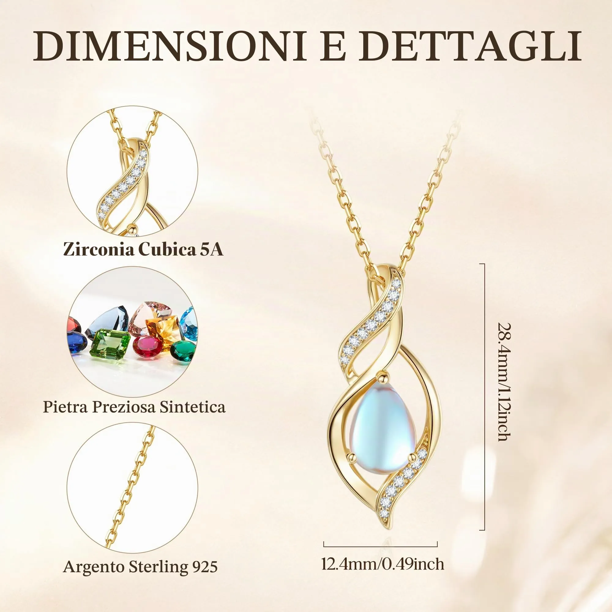 FANCIME Collana Donna in Argento 925 Placcato Oro con Pietra di Luna - immagine 2