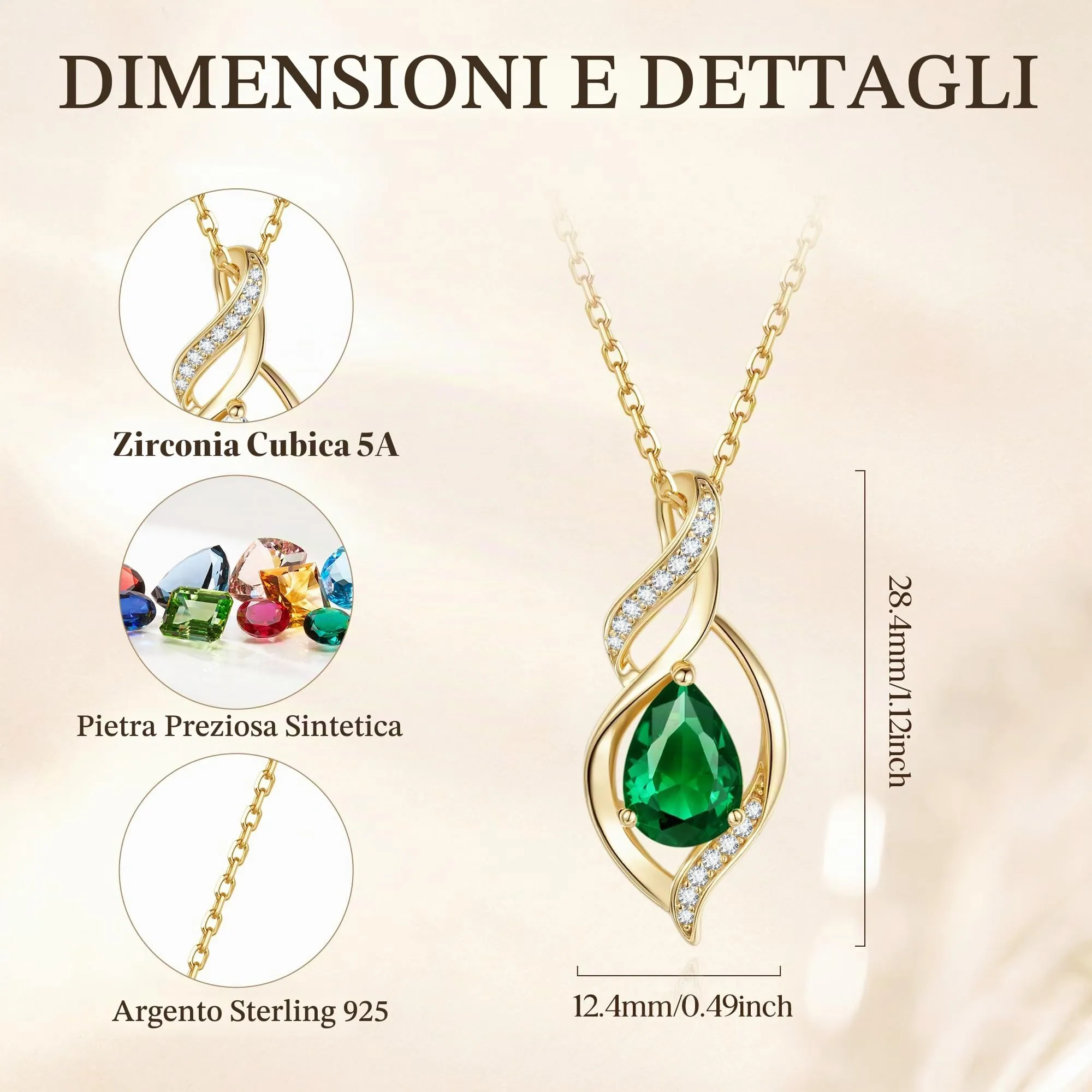 FANCIME Collana Smeraldo in Argento 925 Placcato Oro, Pietra Nascita Maggio - immagine 2
