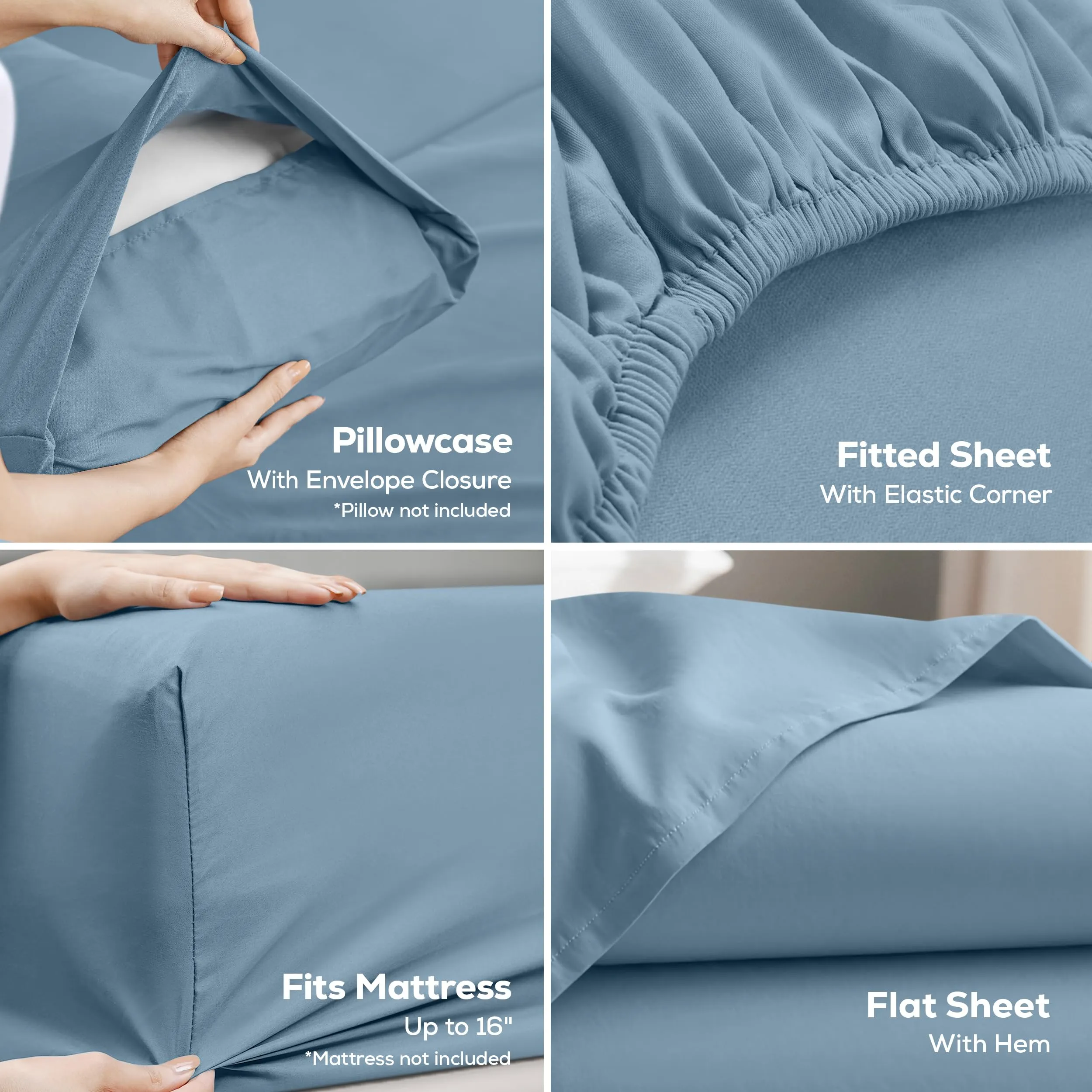 Utopia Bedding Set di lenzuola in microfibra per letto matrimoniale, 4 pezzi, Blu Olandese - immagine 3