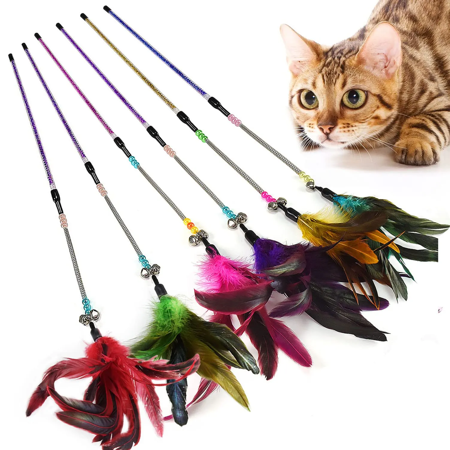 Aidiyapet Giocattolo per Gatti con Piuma, Bacchetta e Campanellino, 6 Pack - immagine 1