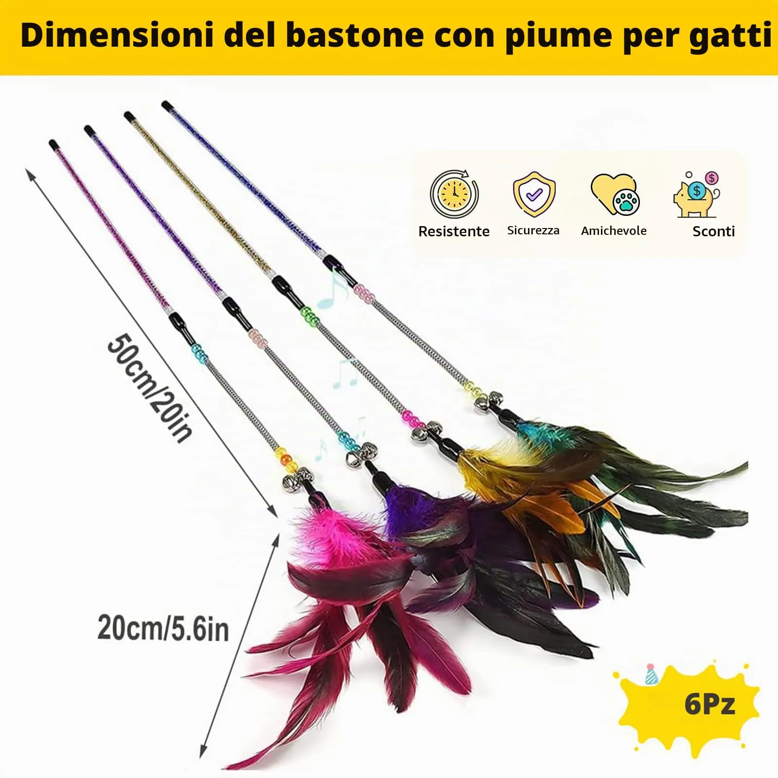 Aidiyapet Giocattolo per Gatti con Piuma, Bacchetta e Campanellino, 6 Pack - immagine 2