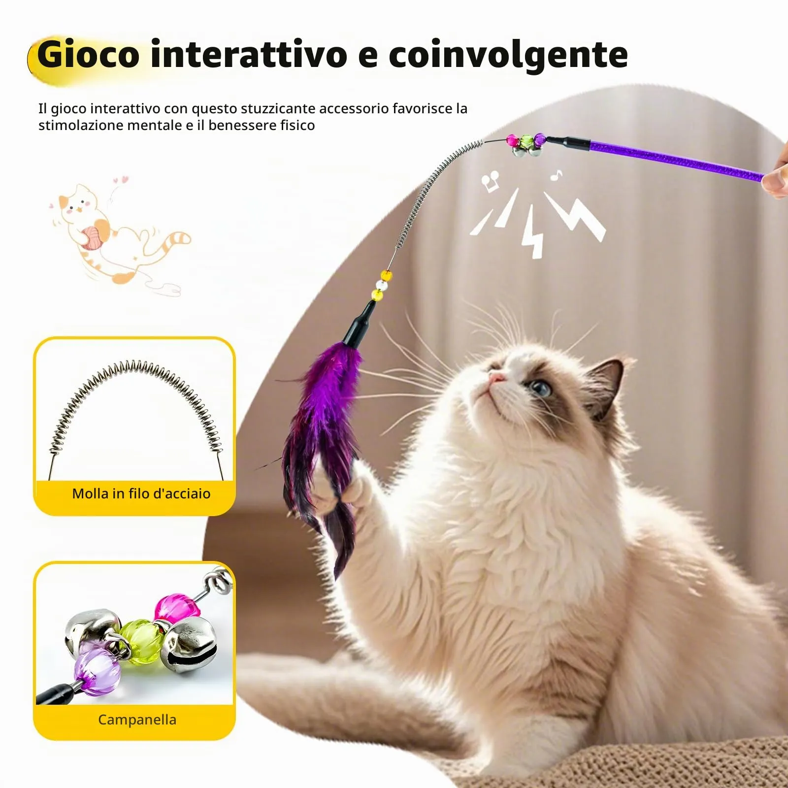 Aidiyapet Giocattolo per Gatti con Piuma, Bacchetta e Campanellino, 6 Pack - immagine 3