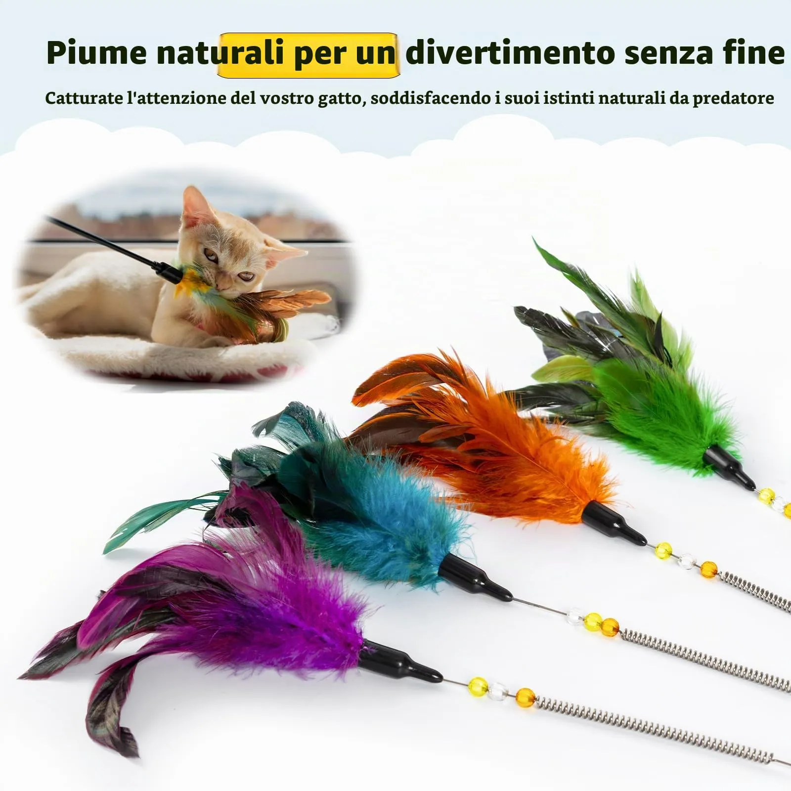 Aidiyapet Giocattolo per Gatti con Piuma, Bacchetta e Campanellino, 6 Pack - immagine 4