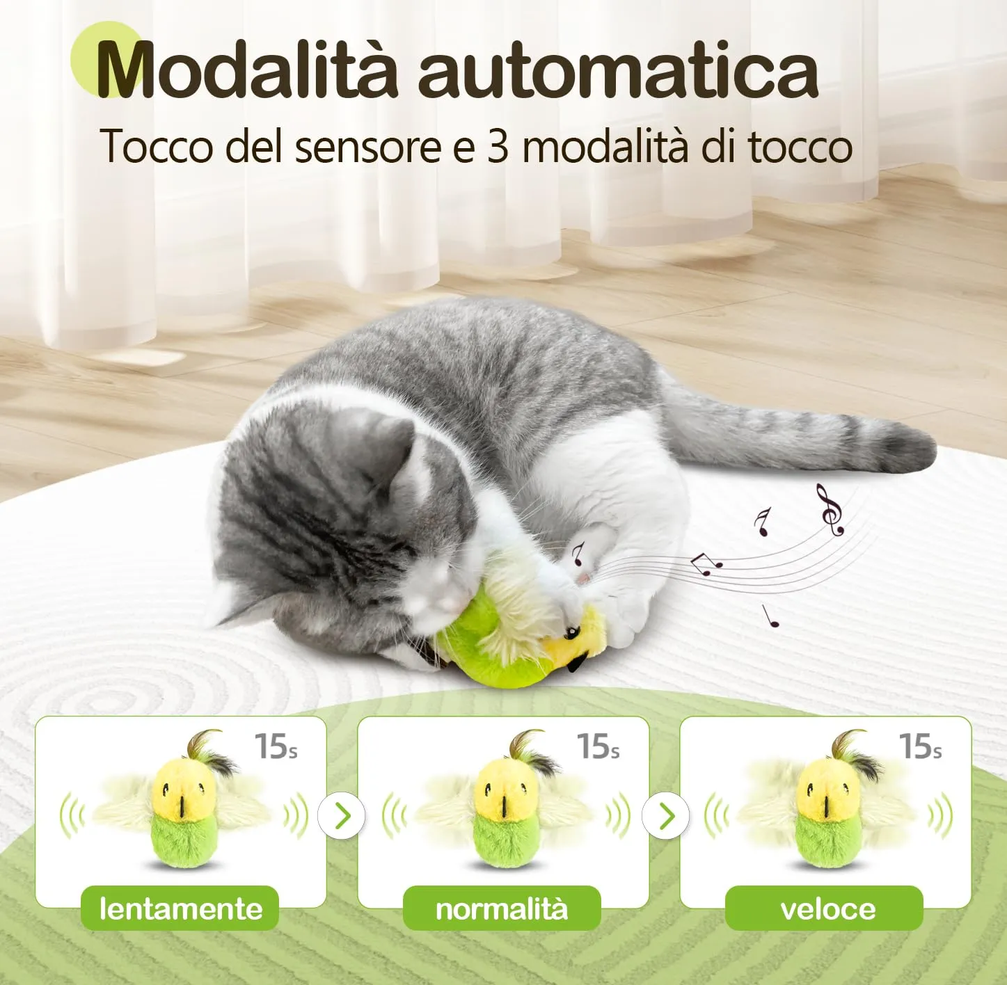 Migipaws Giocattolo Elettrico Interattivo per Gatti a Forma di Uccello con Erba Gatta, Ricaricabile (Verde) - immagine 3