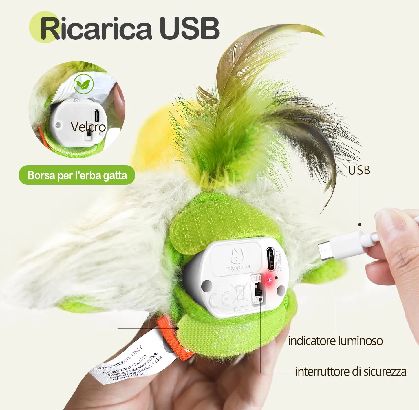 Migipaws Giocattolo Elettrico Interattivo per Gatti a Forma di Uccello con Erba Gatta, Ricaricabile (Verde) - immagine 6