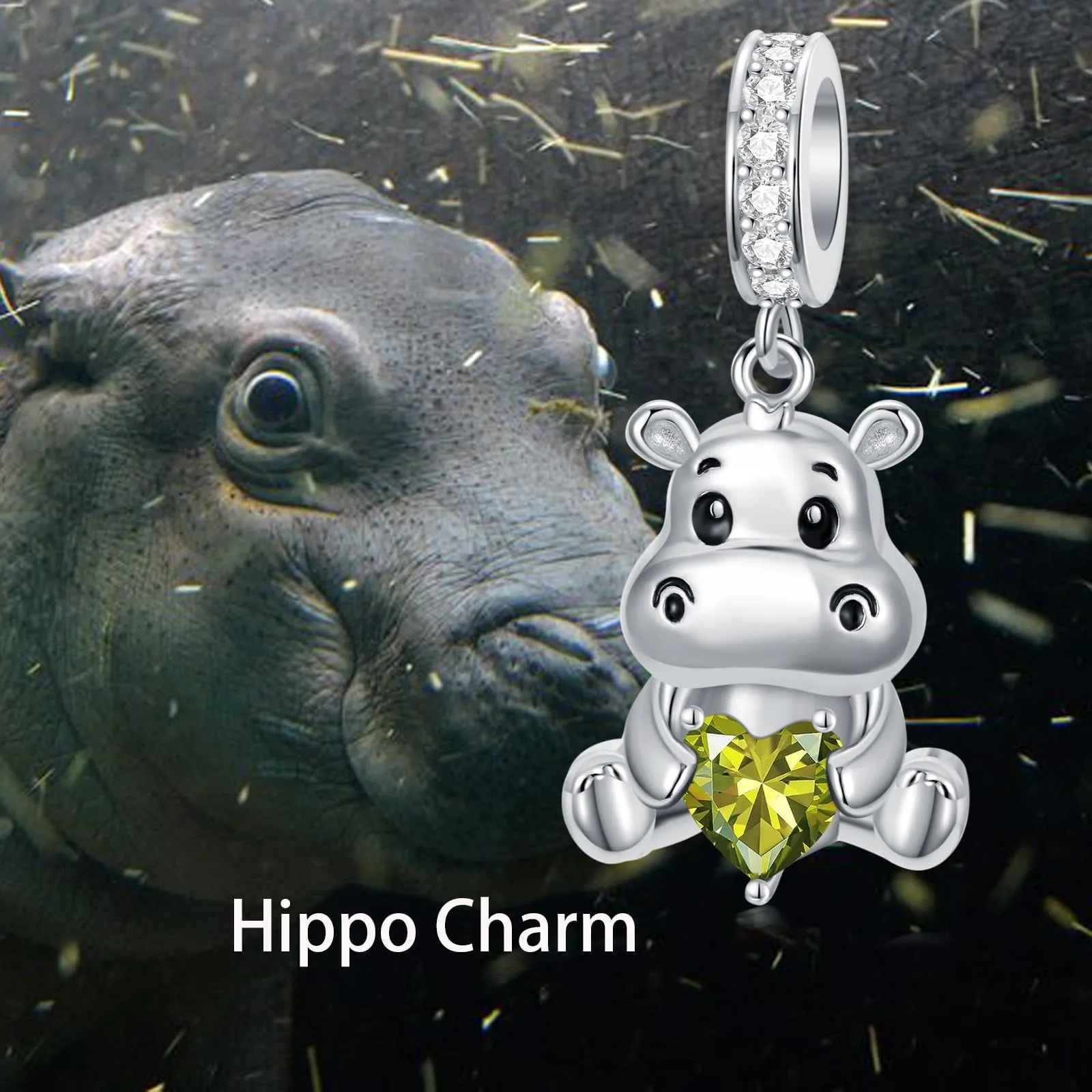 ROMANTICWORK Birthstone Hippo Charm in 925 Sterling Silver for Bracelets, Women's Jewelry, B - immagine 3