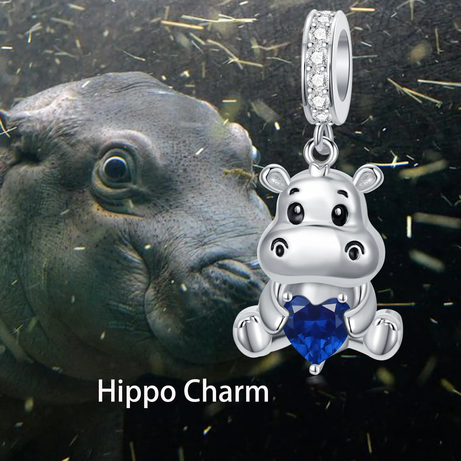 ROMANTICWORK Ciondolo a forma di ippopotamo in argento Sterling 925 con zaffiro, per braccialetti, B - immagine 2