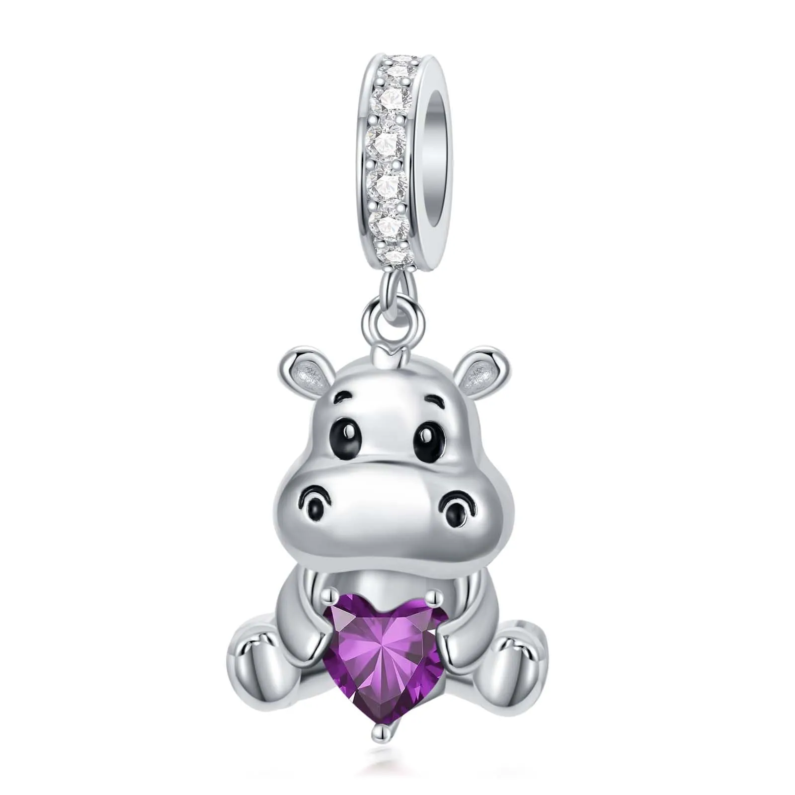 ROMANTICWORK Ciondolo a forma di ippopotamo in Argento Sterling 925 con Pietra Portafortuna di Febbraio (Ametista) per Braccialetti, B - immagine 1