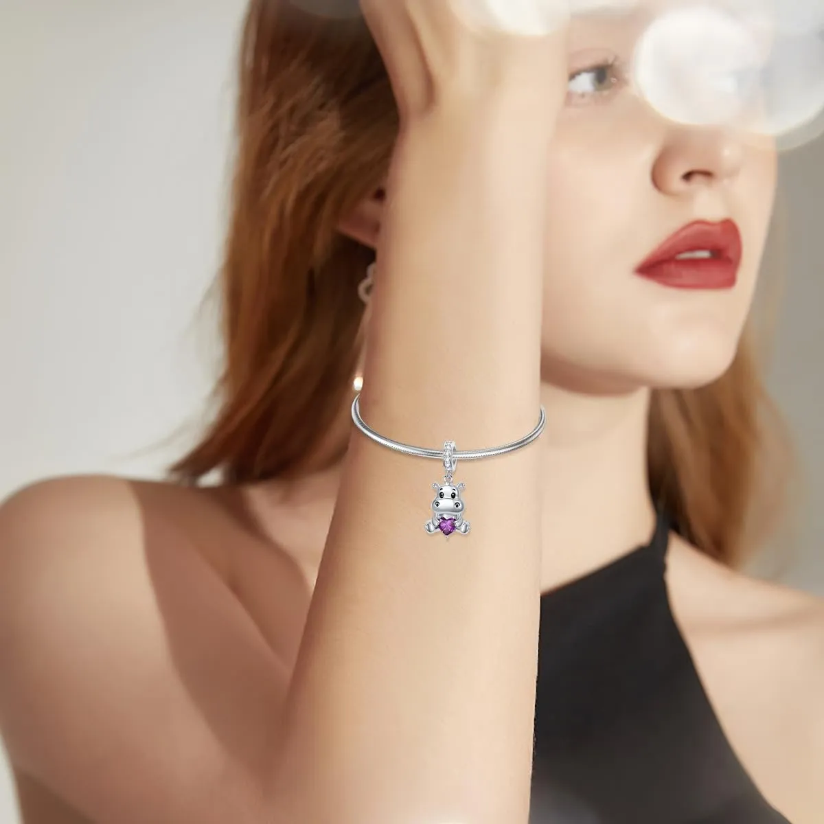 ROMANTICWORK Ciondolo a forma di ippopotamo in Argento Sterling 925 con Pietra Portafortuna di Febbraio (Ametista) per Braccialetti, B - immagine 2
