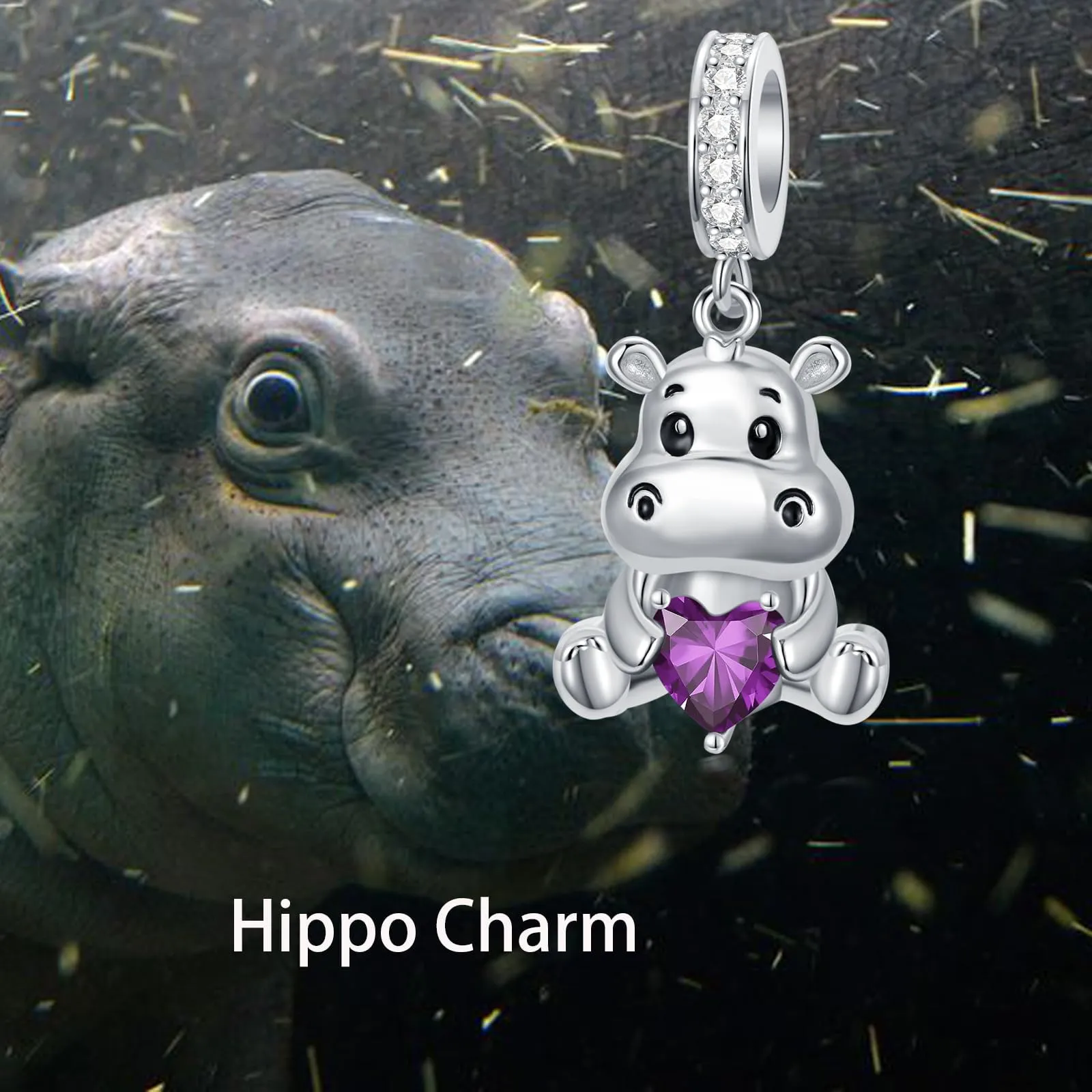 ROMANTICWORK Ciondolo a forma di ippopotamo in Argento Sterling 925 con Pietra Portafortuna di Febbraio (Ametista) per Braccialetti, B - immagine 3