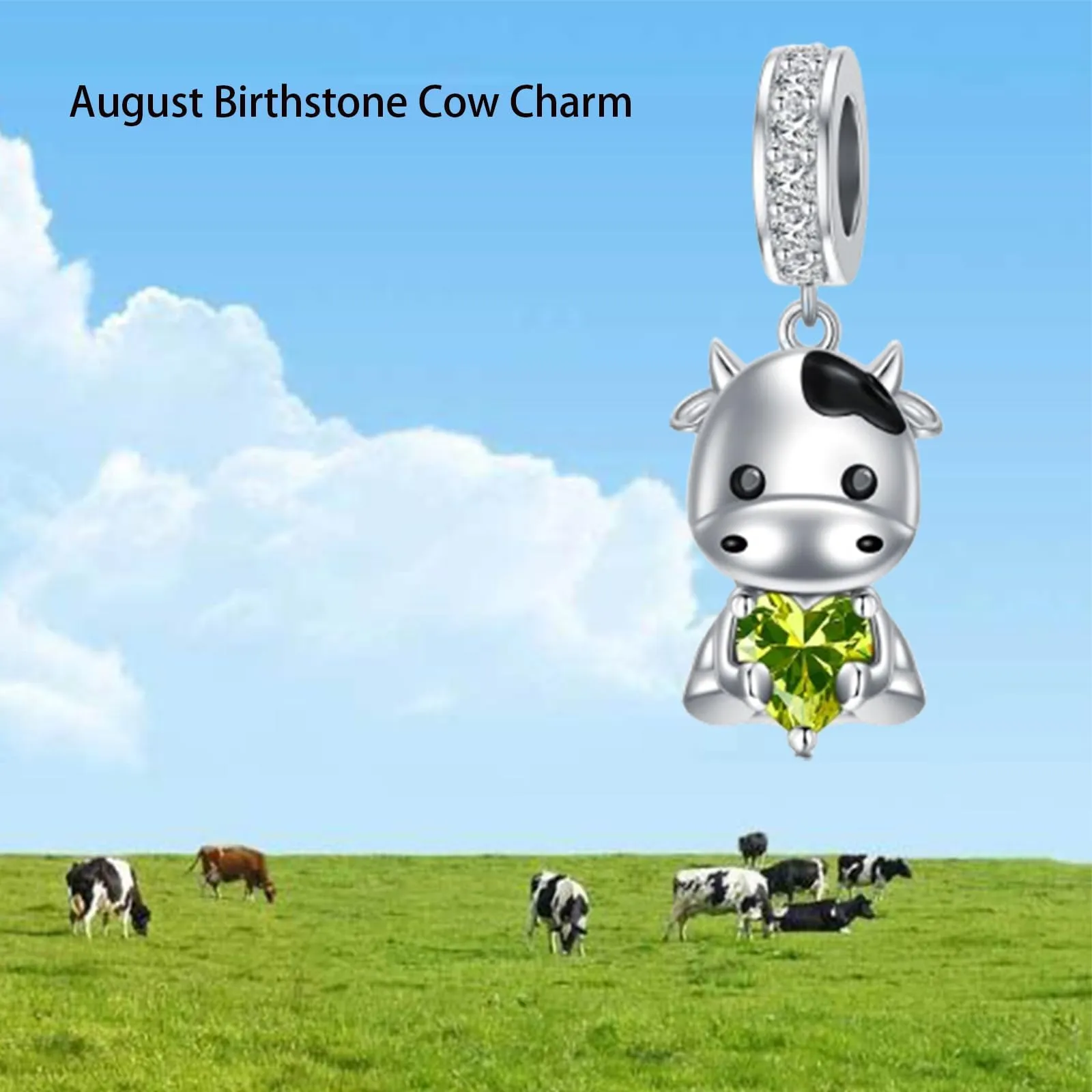 ROMANTICWORK Ciondolo a forma di mucca in argento Sterling 925 con pietra portafortuna, 9,7 x 14,5 mm - immagine 3